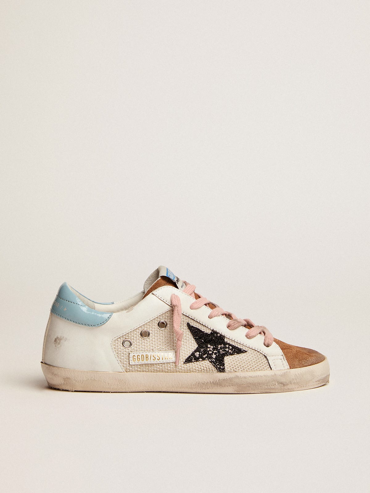 Super-Star sneakers in light gray mesh and white leather with black glitter  star | Golden Goose