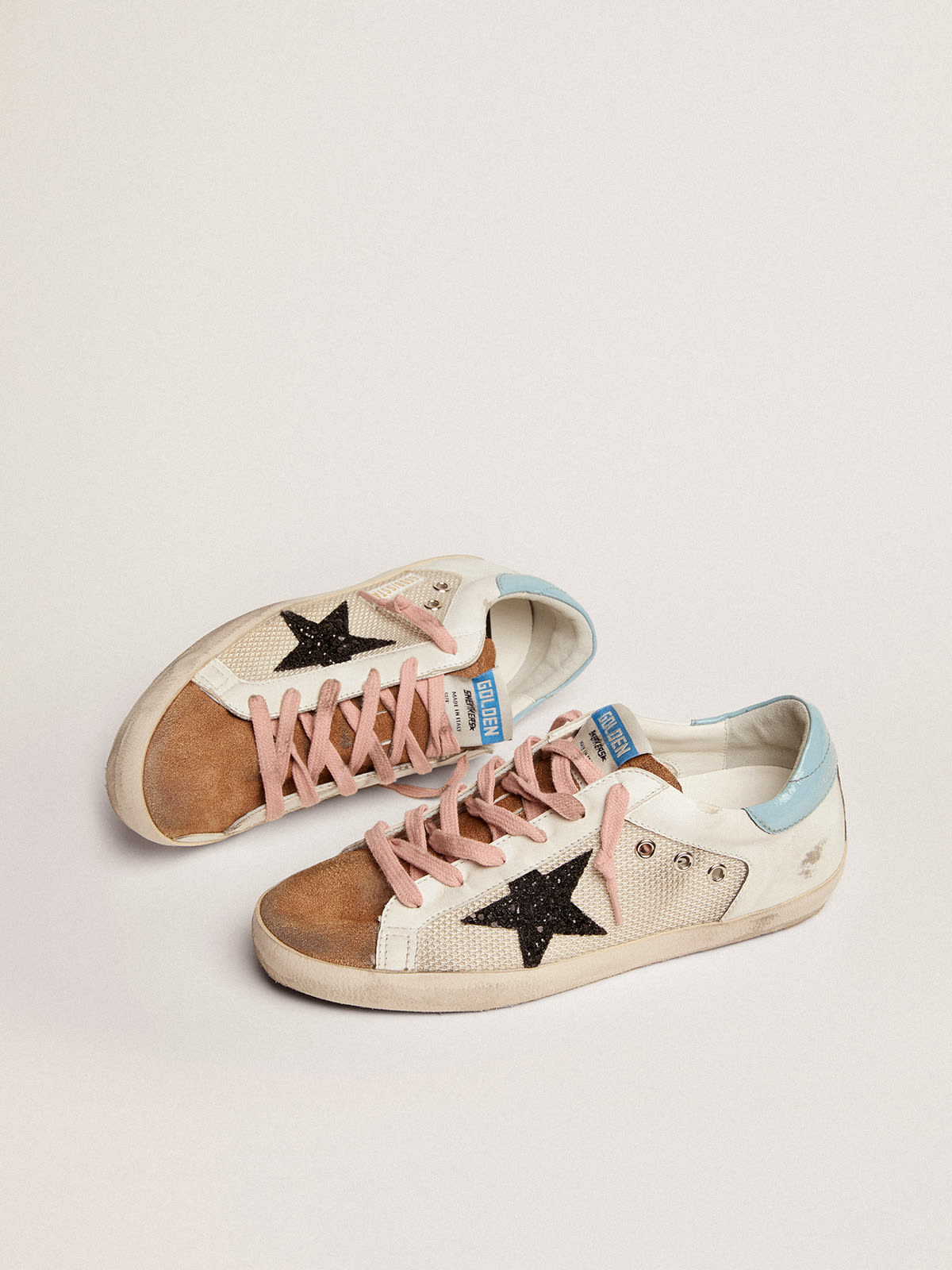 Golden Goose - Super-Star sneakers in light gray mesh and white leather with black glitter star in 