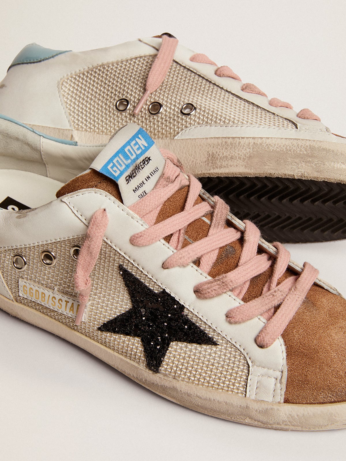 Golden Goose - Super-Star sneakers in light gray mesh and white leather with black glitter star in 