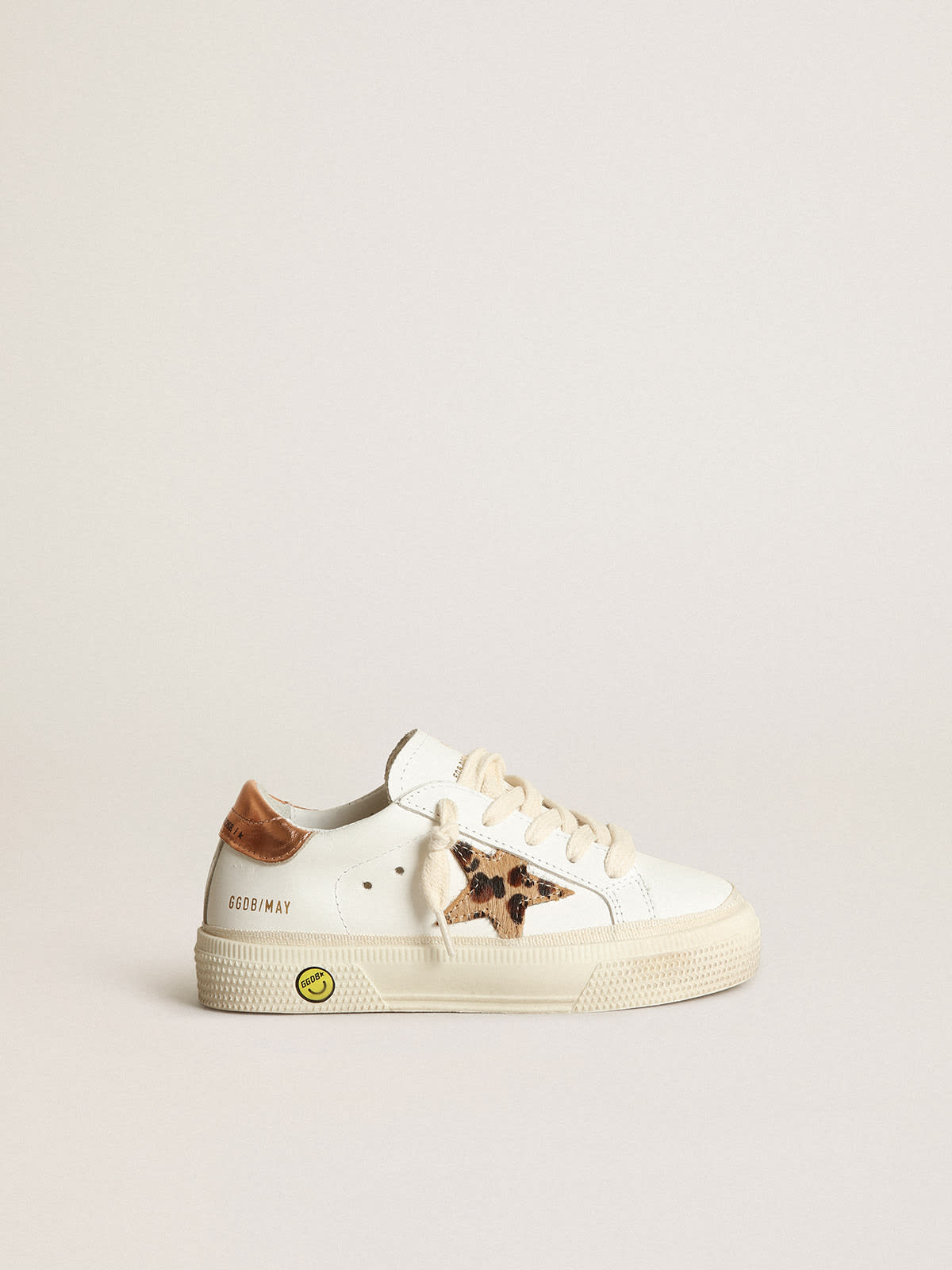 Golden Goose - Sneaker May Young con stella in cavallino leopardato e talloncino in pelle laminata color rame    in 
