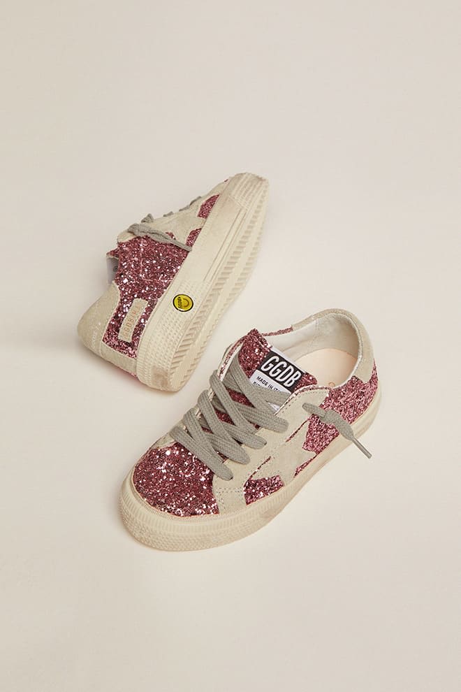 Golden Goose - May sneakers in pink glitter with star and heel tab in ice-gray suede in 