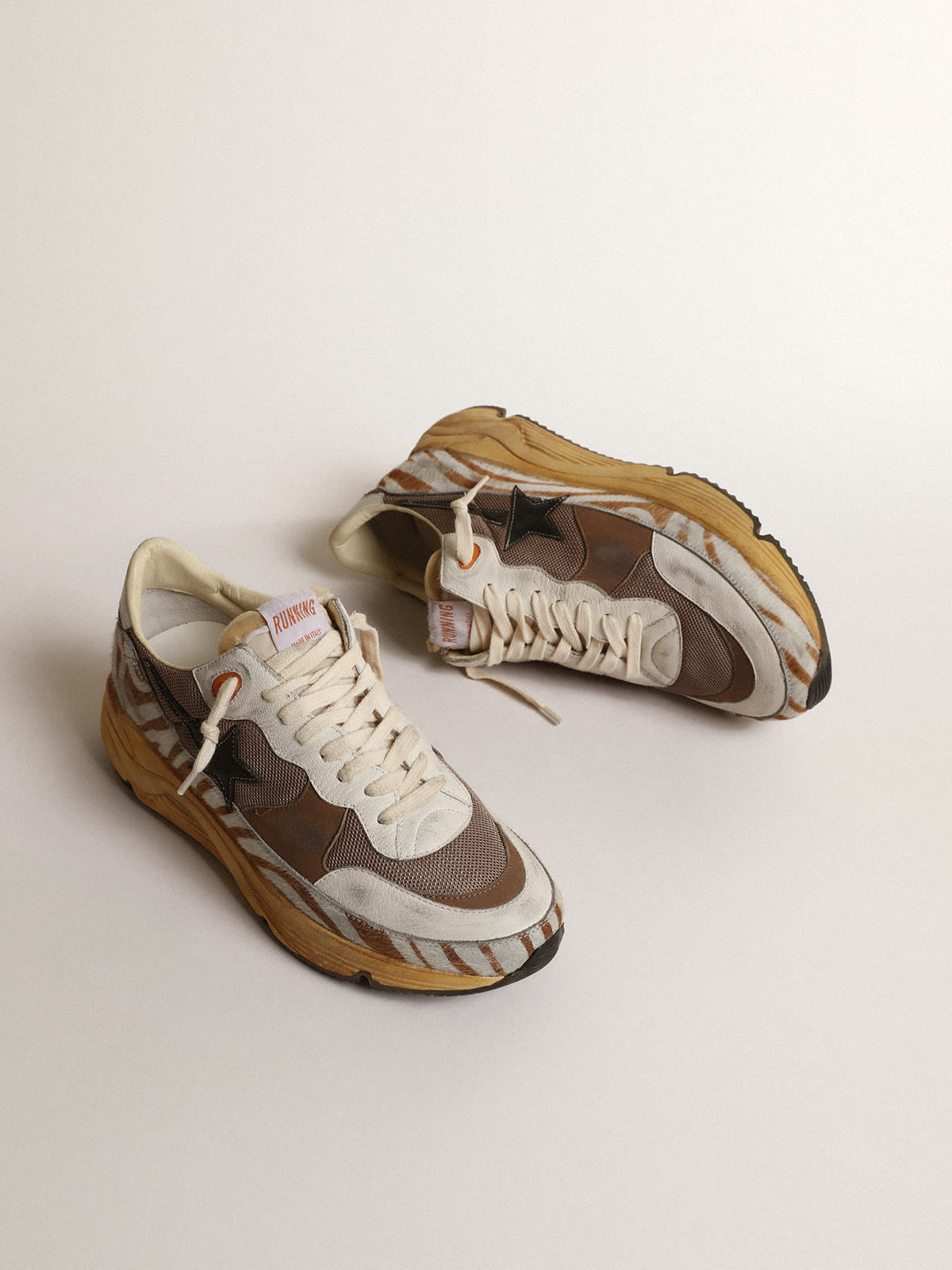 Golden Goose - Men’s Running Sole LAB in brown fabric and pony skin in 