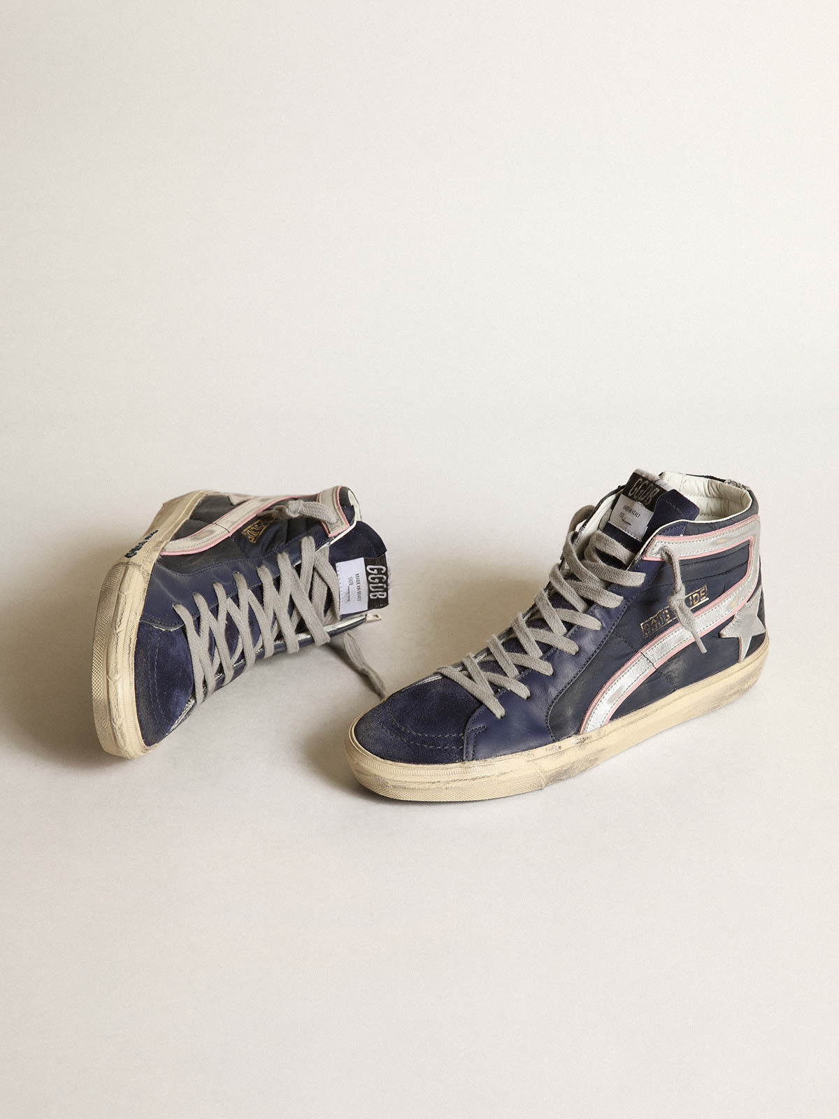 Golden Goose - Blauer Sneaker Slide LTD aus Nylon mit Stern und Komma aus silberfarbenem Metallic-Leder in 