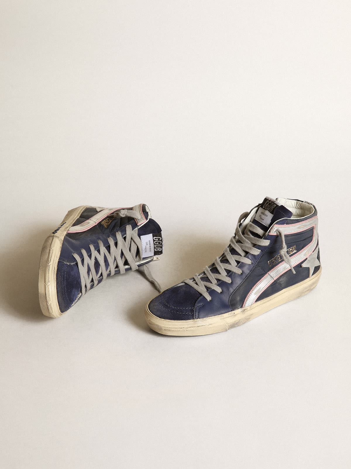 Golden Goose - Slide LTD sneakers in blue nylon with silver metallic leather star and flash in 