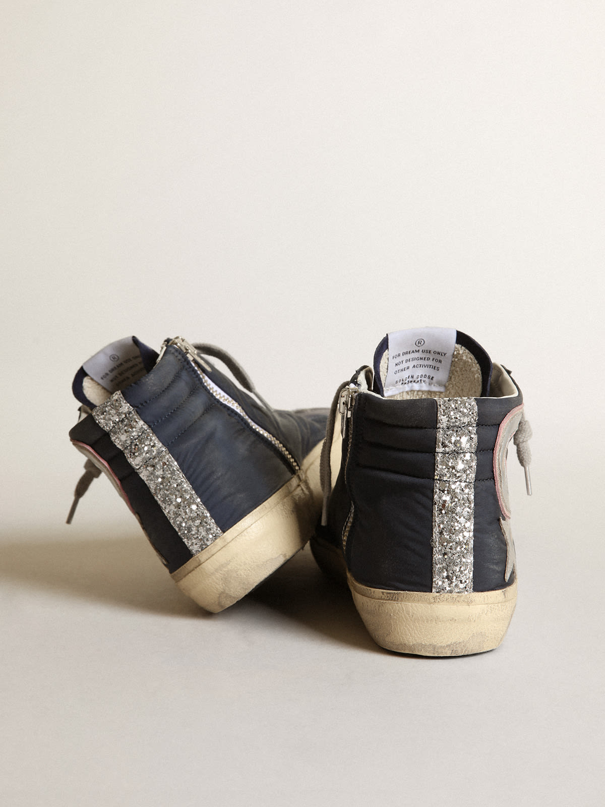 Golden Goose - Sneakers Slide LTD en nylon bleu avec étoile et virgule en cuir lamé argenté in 