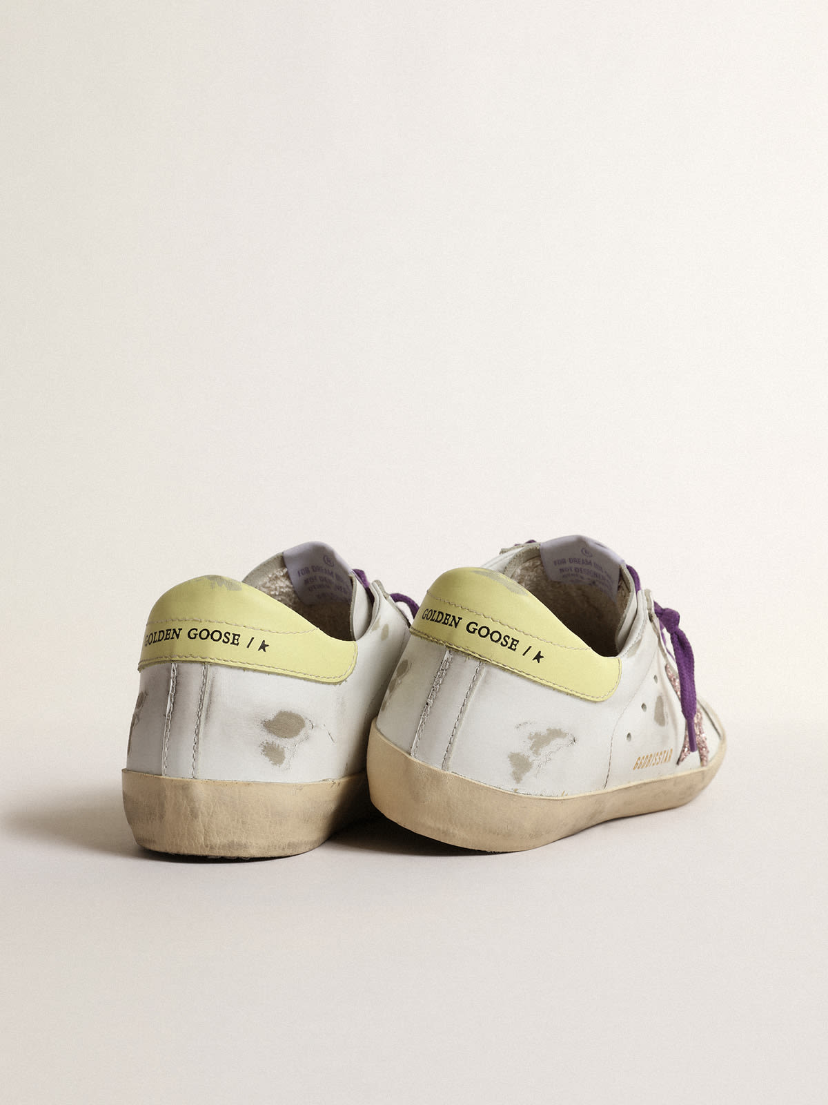 White Super-Star sneakers with a glitter star and yellow heel tab | Golden  Goose