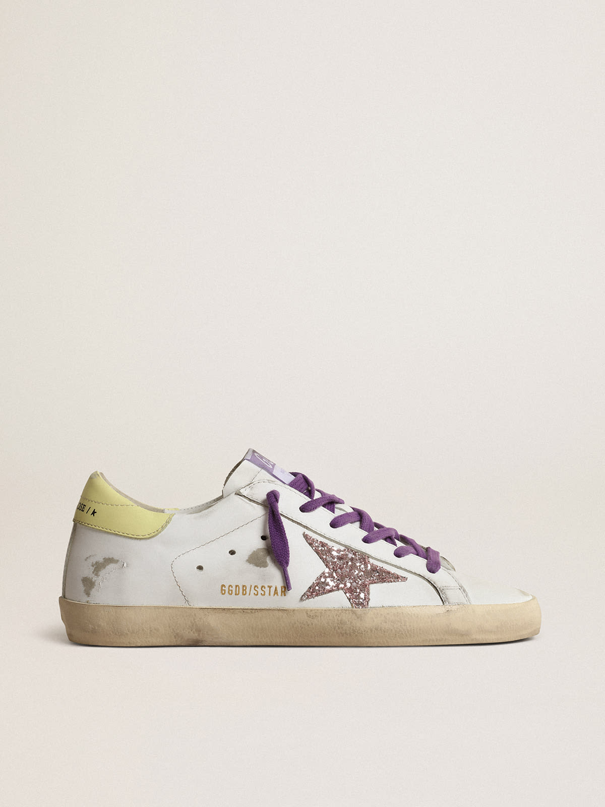 White Super-Star sneakers with a glitter star and yellow heel tab | Golden  Goose