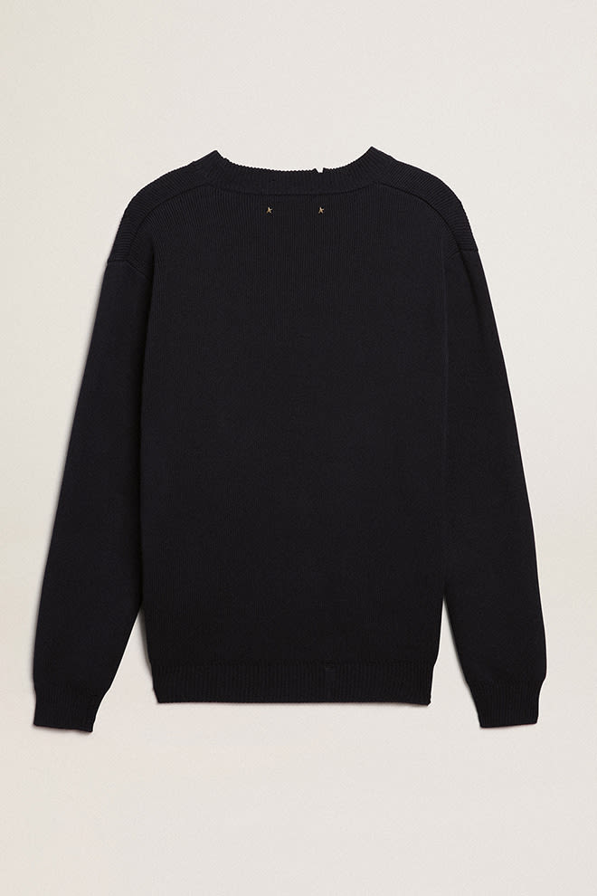 Golden Goose - Round-neck sweater in dark blue cotton with a distressed treatment in 