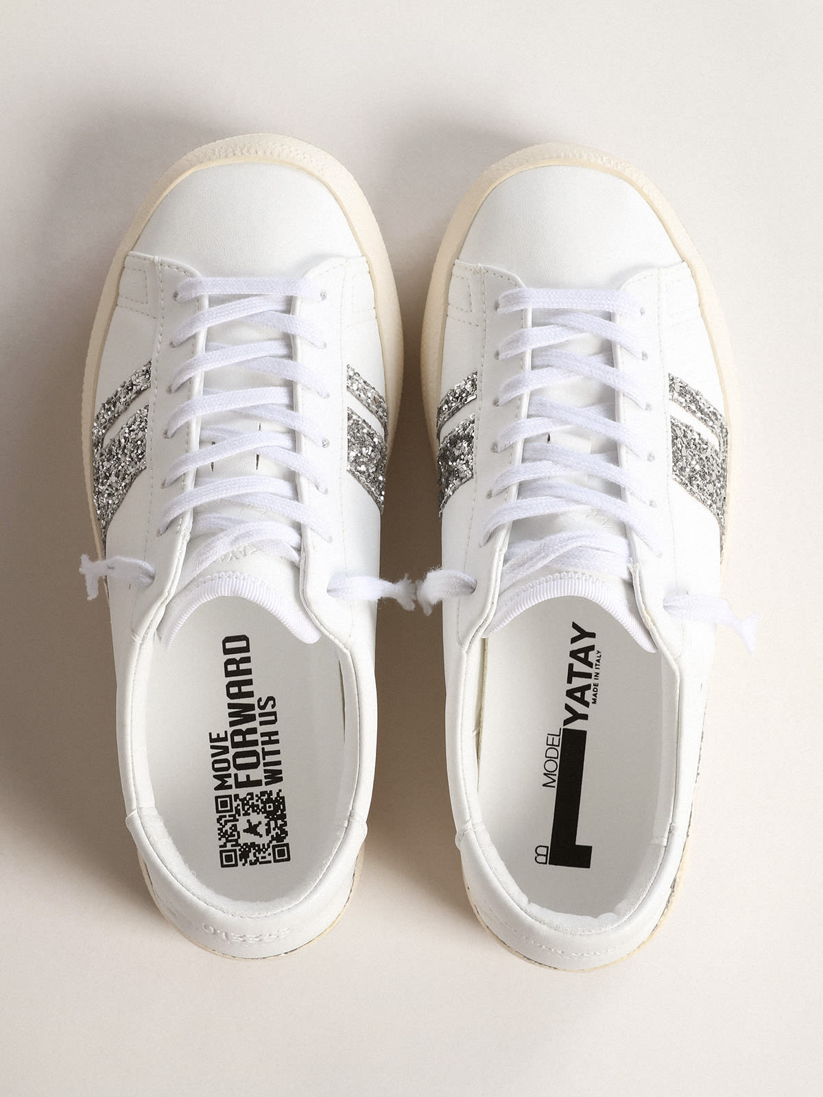 Golden Goose - Yatay Model 1B sustainable sneakers with white bio-based upper and silver recycled glitter Y in 