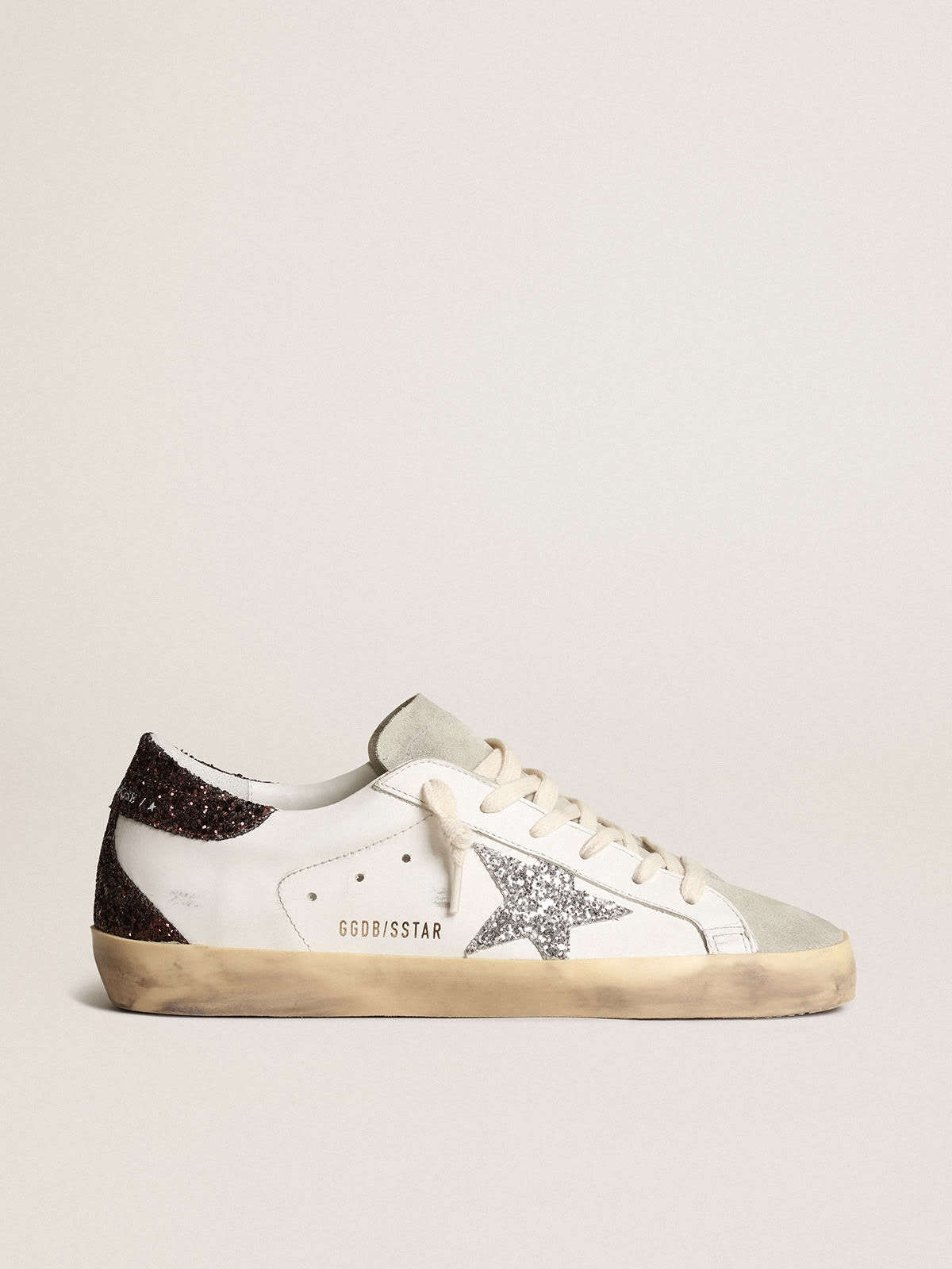 Golden Goose - Women's Super-Star with silver star and brown glitter heel tab in 