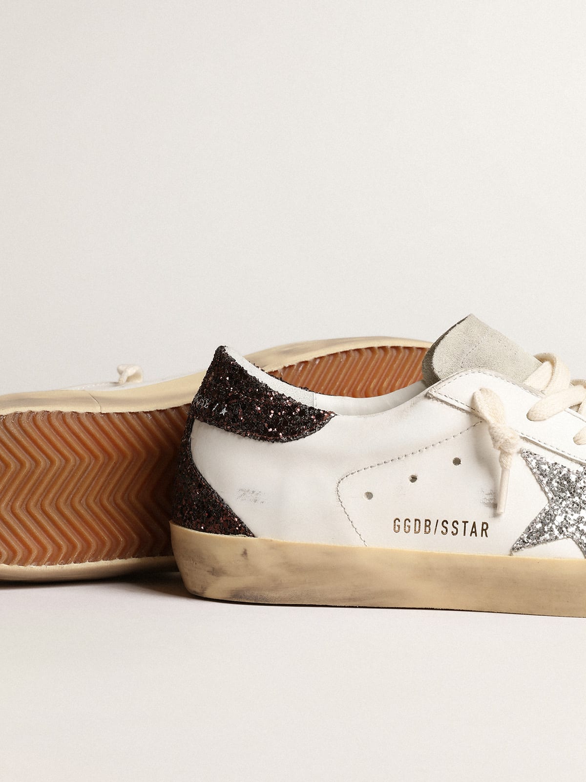 Golden Goose - Super-Star with silver star and brown glitter heel tab in 