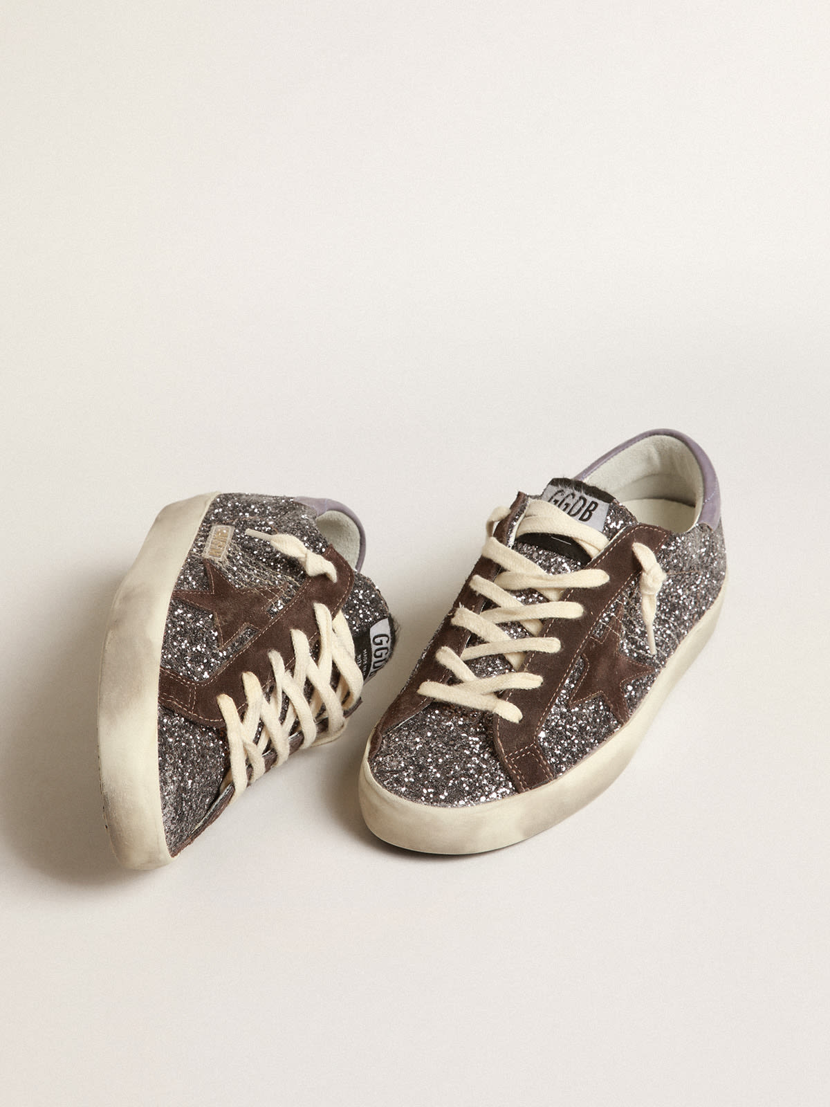 Golden Goose - Super-Star in glitter with a brown star and lilac heel tab in 