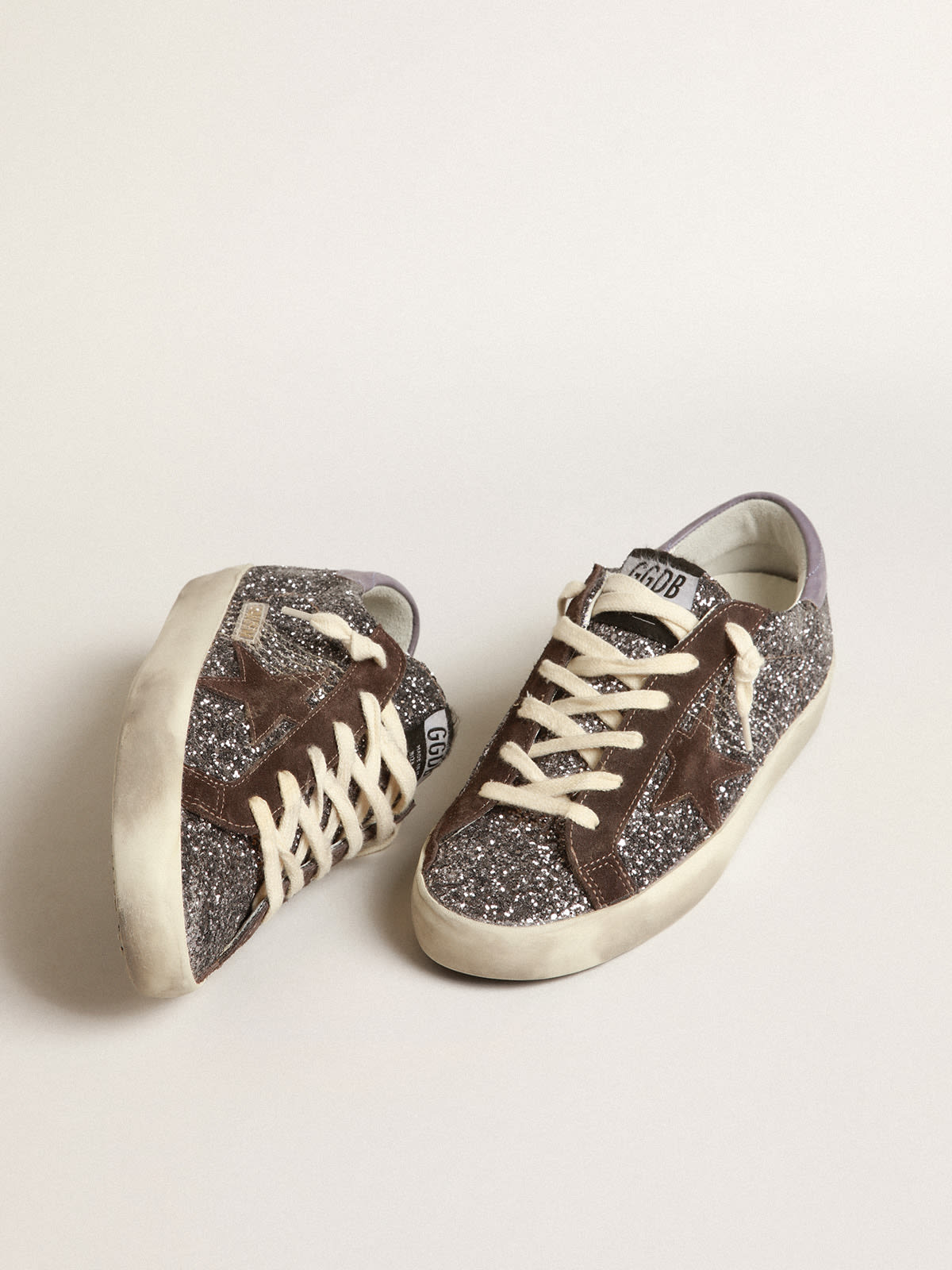 Super-Star in glitter with a brown star and lilac heel tab | Golden Goose