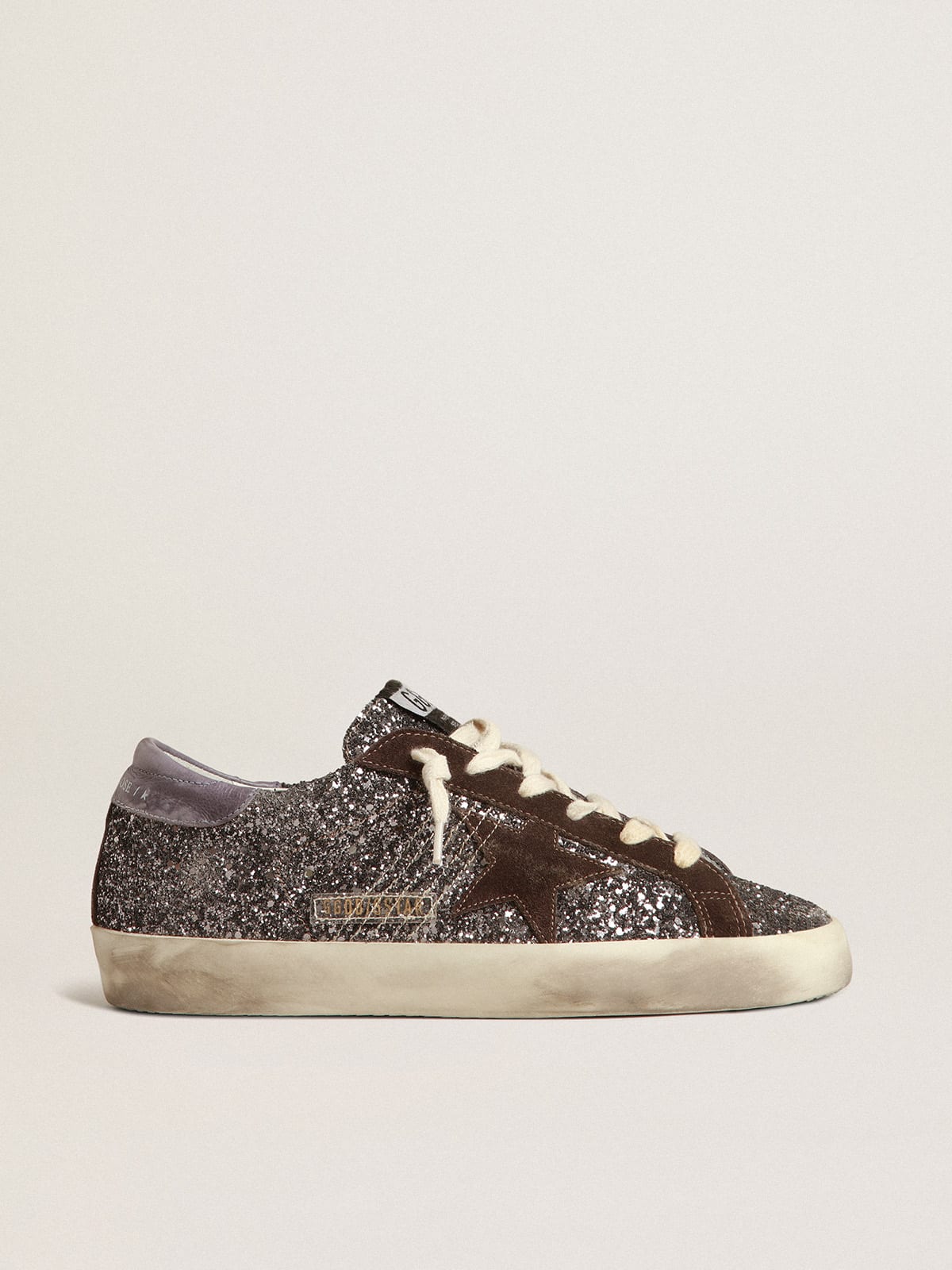 Golden Goose - Super-Star in glitter with a brown star and lilac heel tab in 