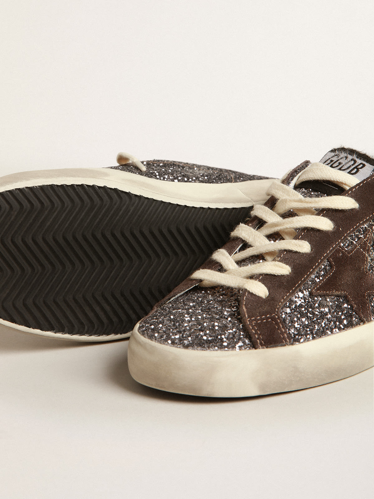 Golden Goose - Super-Star in glitter with a brown star and lilac heel tab in 