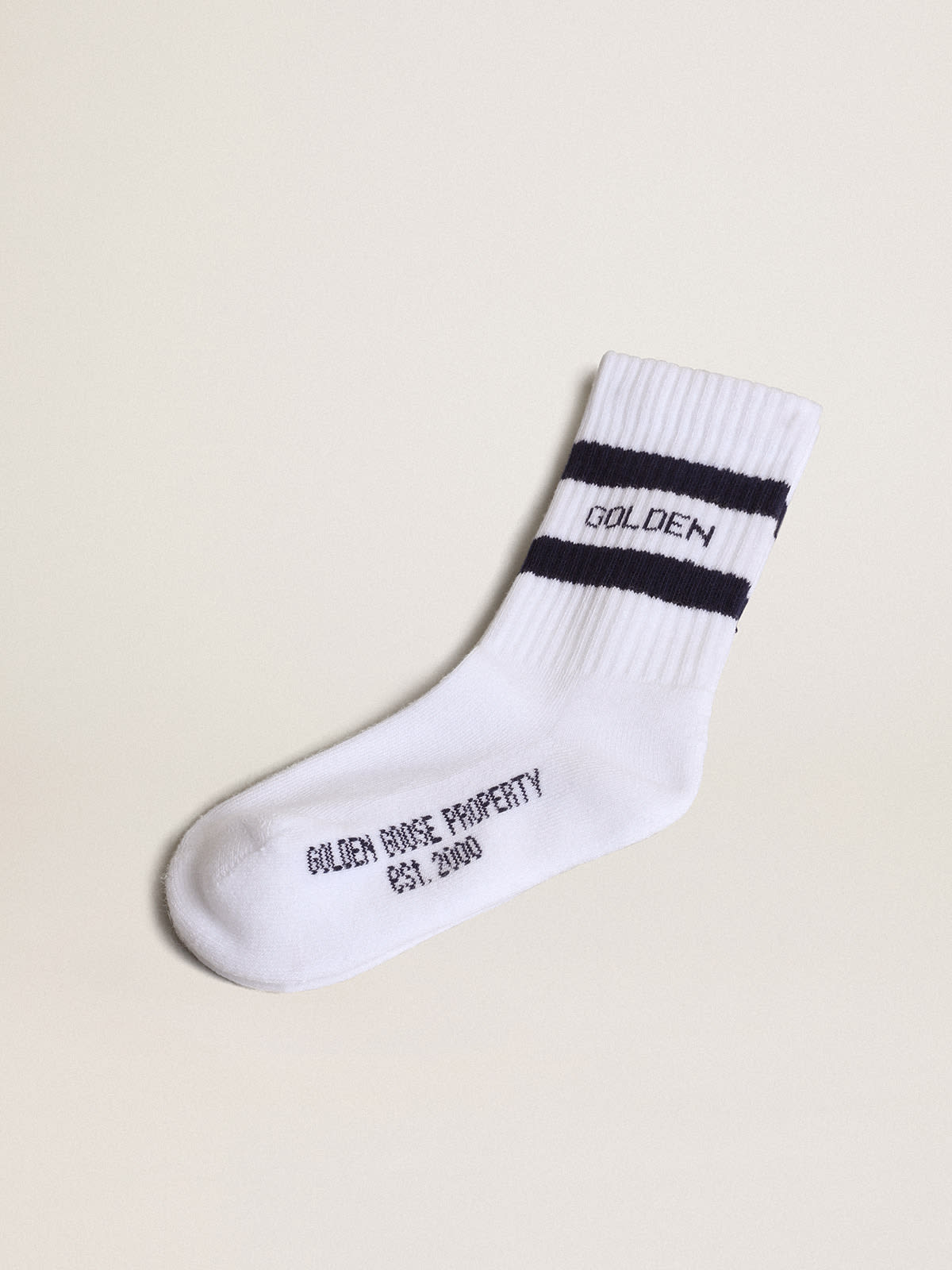 Golden Goose - White cotton socks with navy-blue stripes and Golden Goose logo  in 