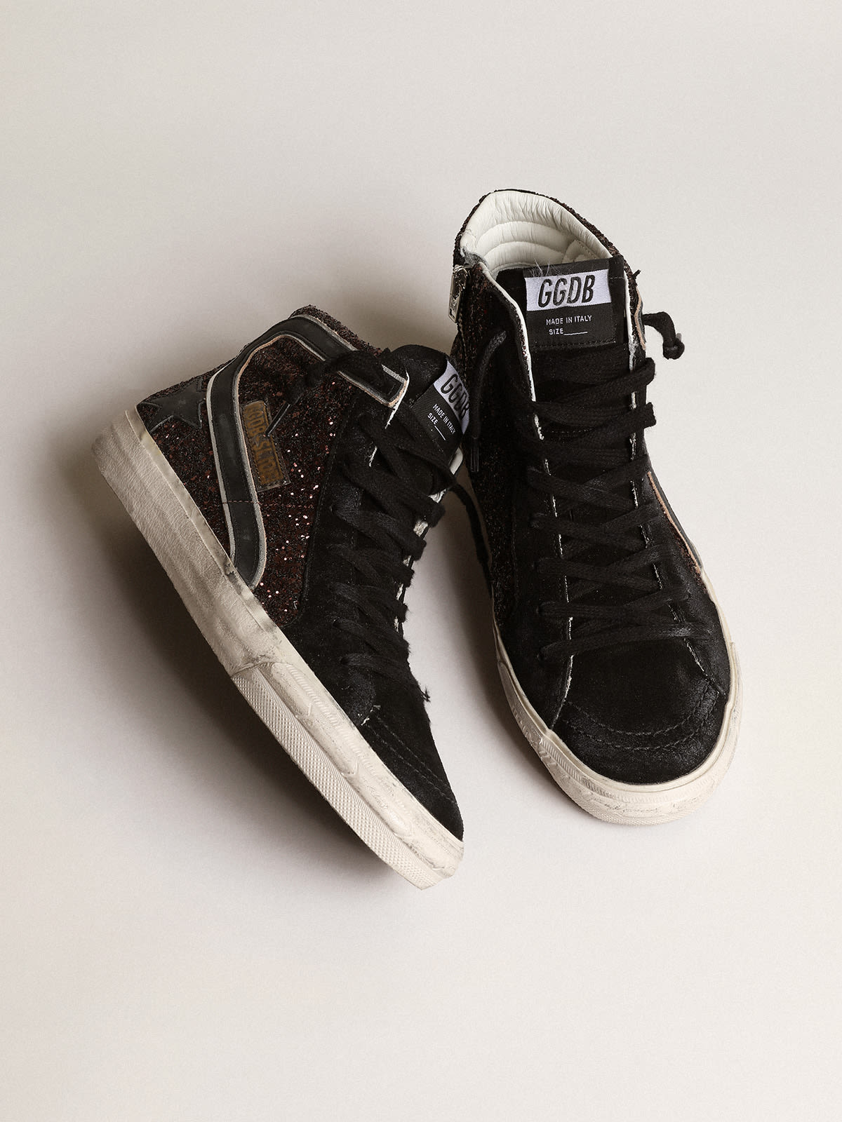 Golden Goose - Slide in brown glitter with black leather star and flash in 