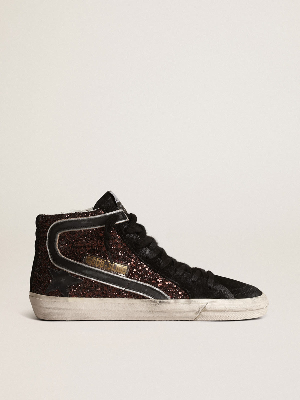 Golden Goose - Slide in brown glitter with black leather star and flash in 