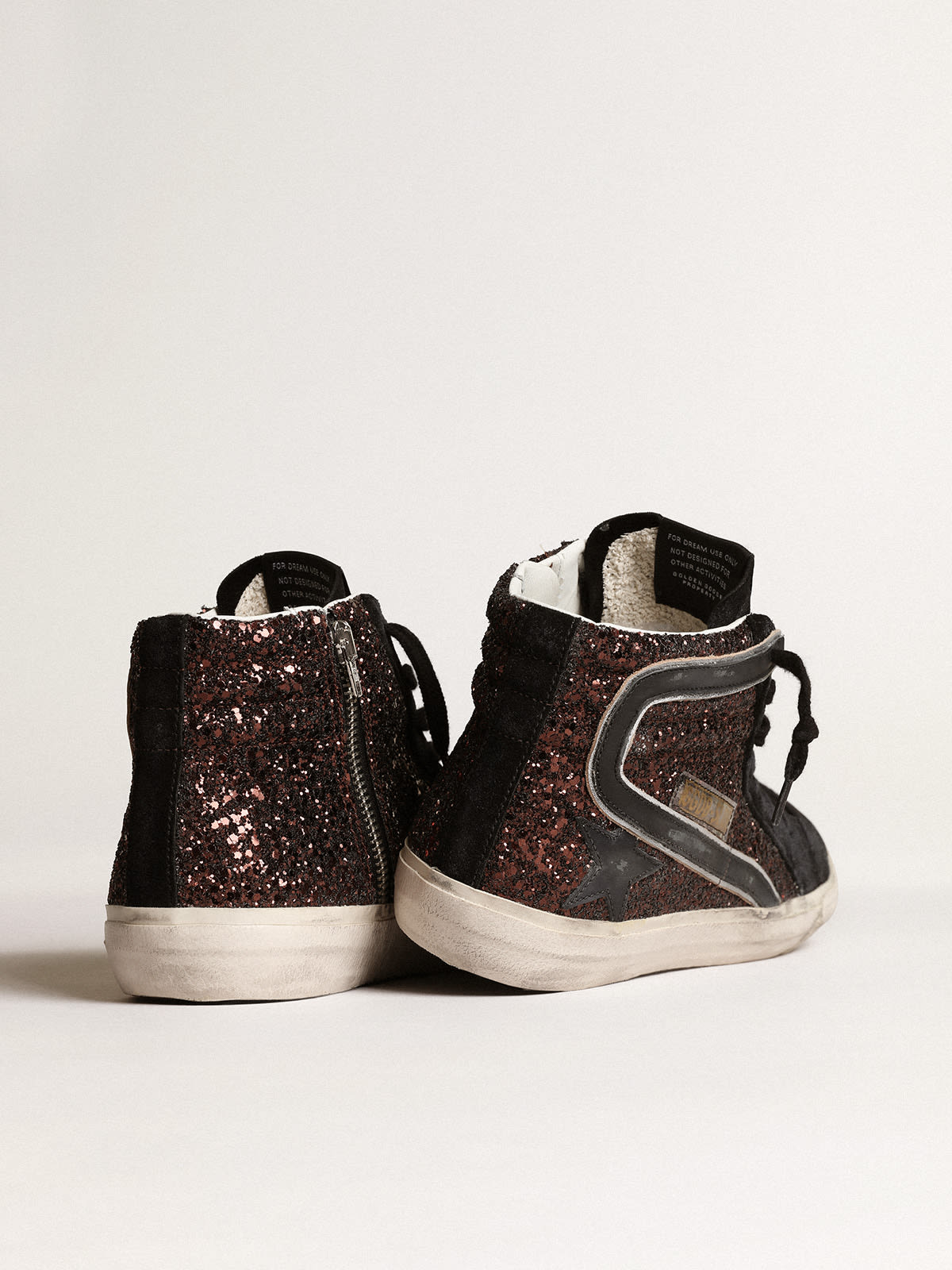 Golden Goose - Slide de glitter marrom com estrela e lista de couro preto in 