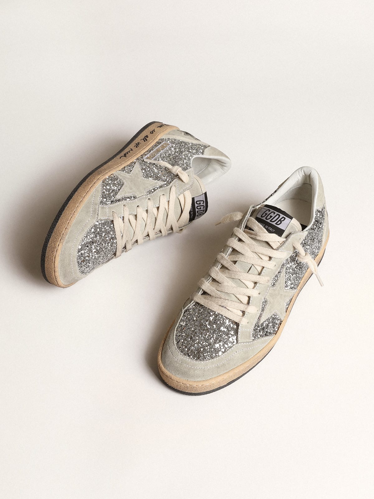 Golden Goose - Ball Star in silver glitter with ice-gray suede inserts in 