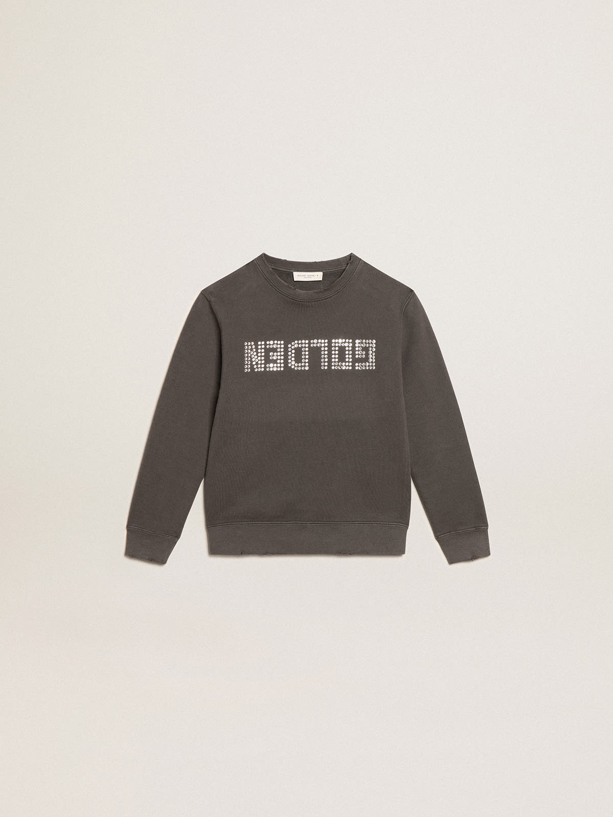 Distressed gray sweatshirt with crystal lettering