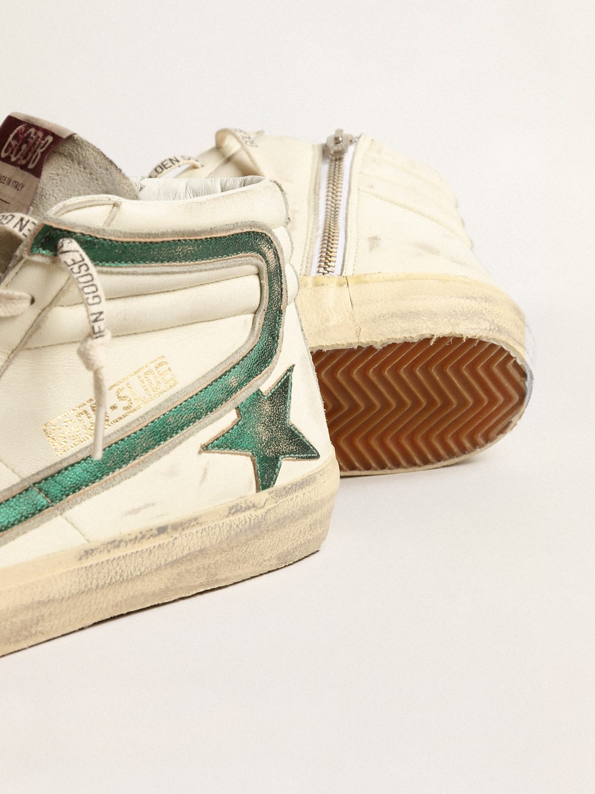 Golden Goose - Slide in beige nappa with green laminated leather star and flash in 