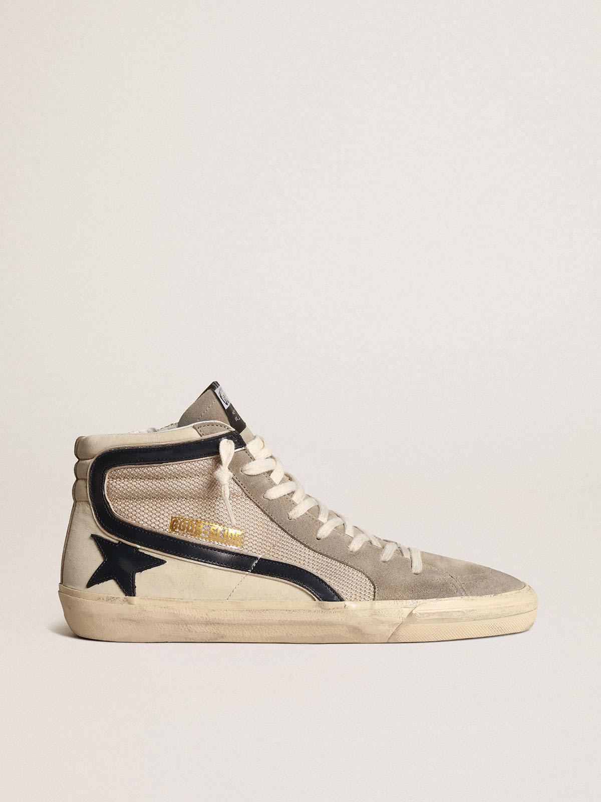 Golden Goose - Slide in rete e nylon beige con stella e virgola in pelle blu in 