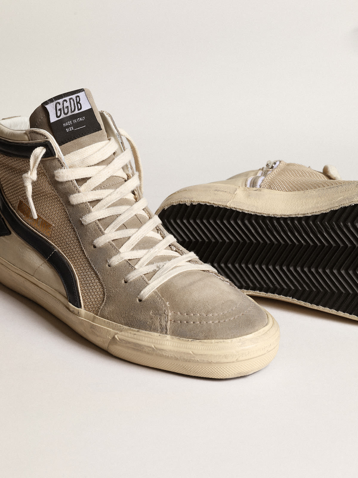 Golden Goose - Slide in beige mesh and nylon with blue leather star and flash in 