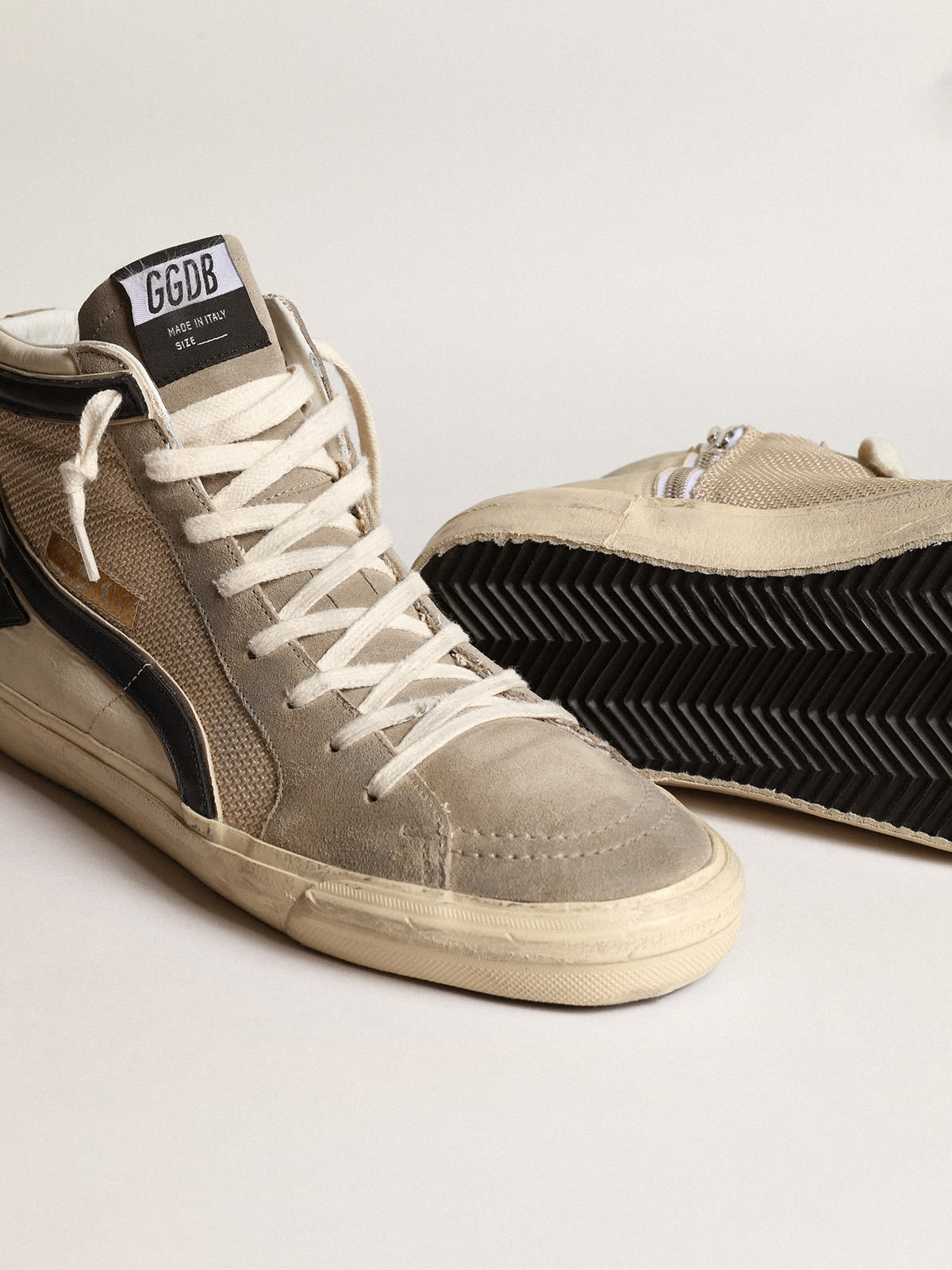 Golden Goose - Slide in rete e nylon beige con stella e virgola in pelle blu in 