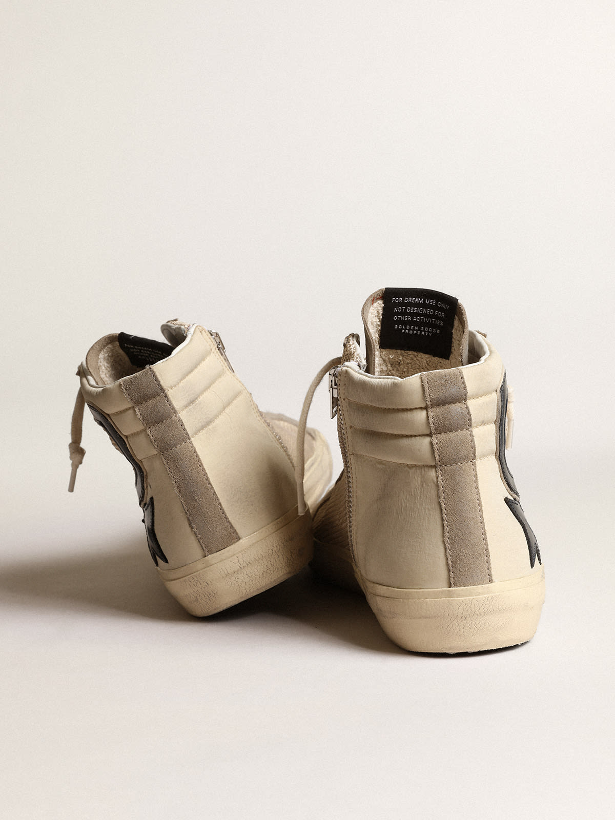 Golden Goose - Slide in rete e nylon beige con stella e virgola in pelle blu in 