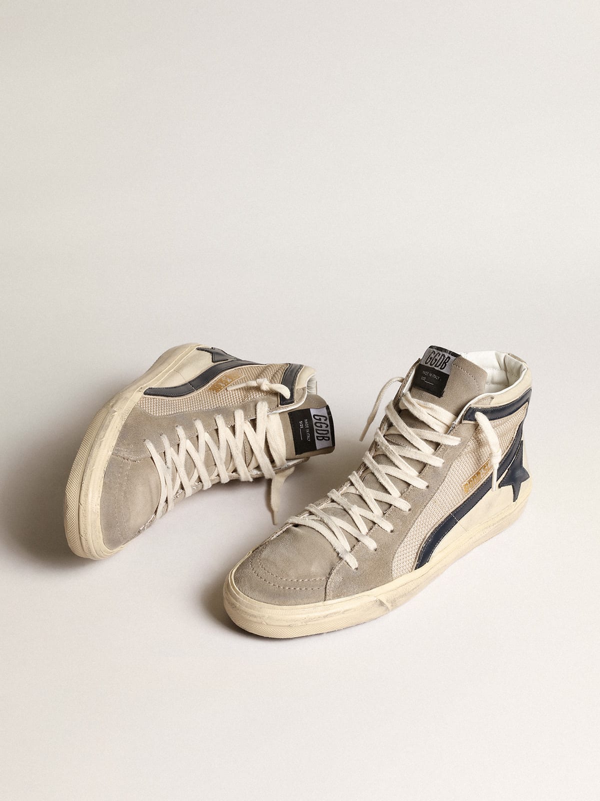 Golden Goose - Slide in beige mesh and nylon with blue leather star and flash in 