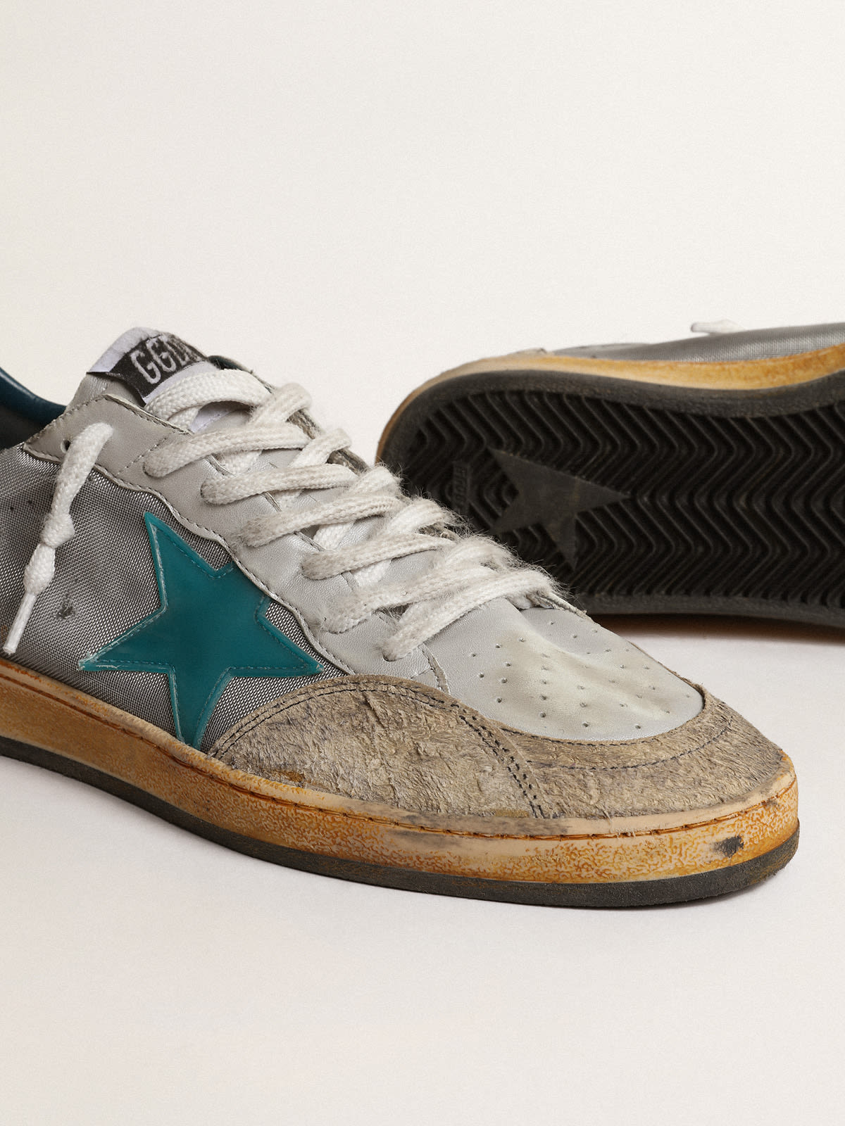 Golden Goose - Men’s Ball Star LAB in gray nylon with aqua-green star in 