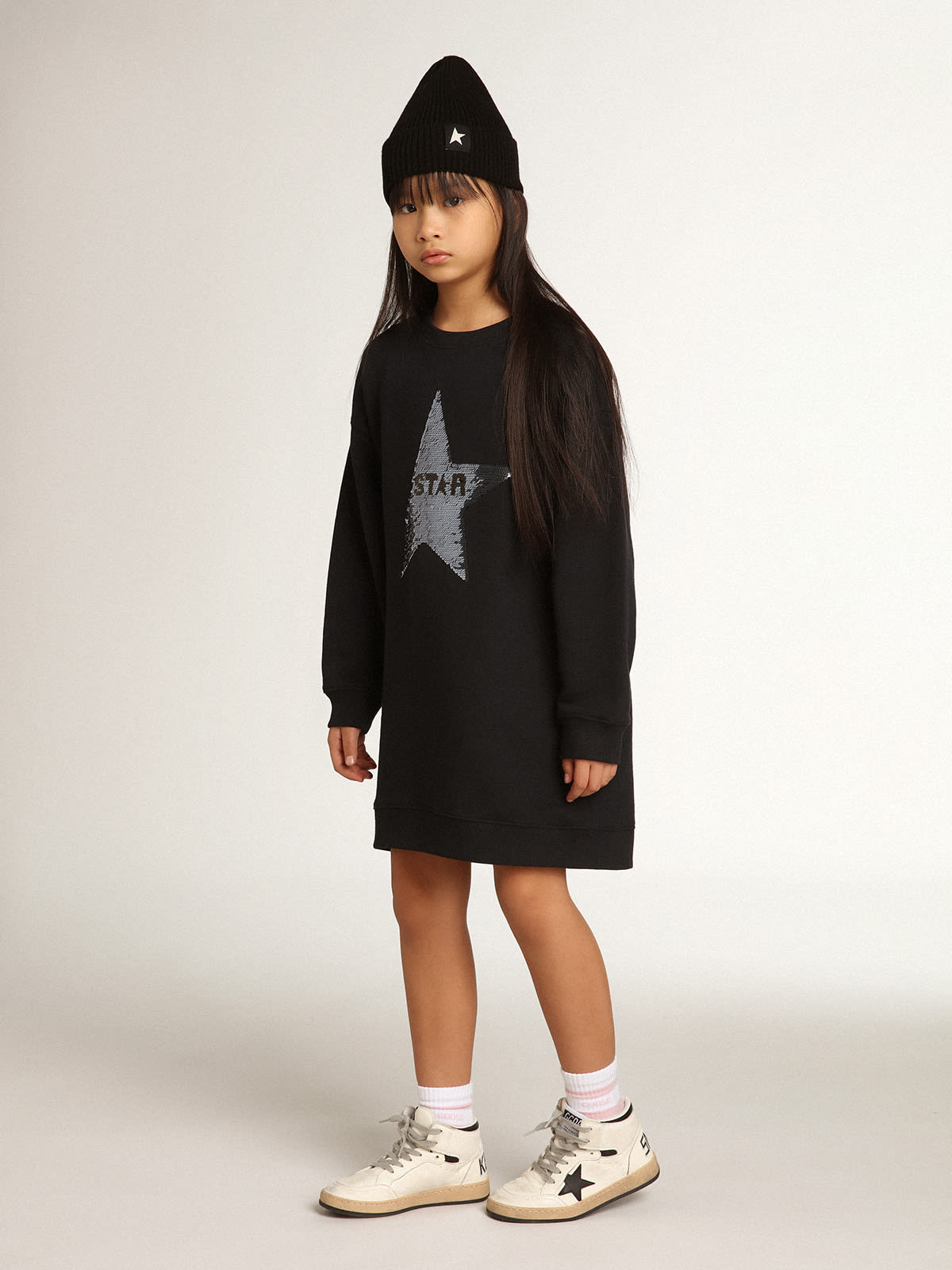 Golden Goose - Girls’ dark blue sweatshirt dress with sequin star in 