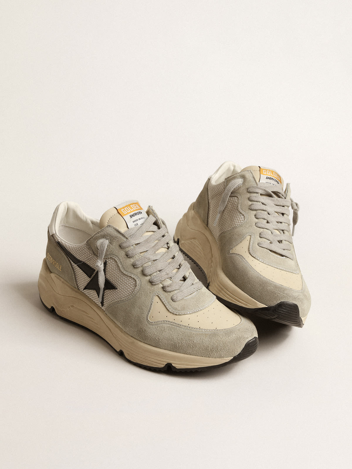Golden Goose - Running Sole in ice-gray suede and mesh with black leather star in 