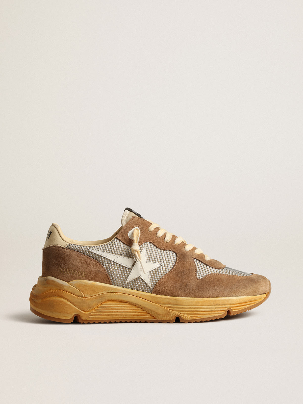 Golden Goose - Running Sole in silver mesh and tobacco suede with a white star in 