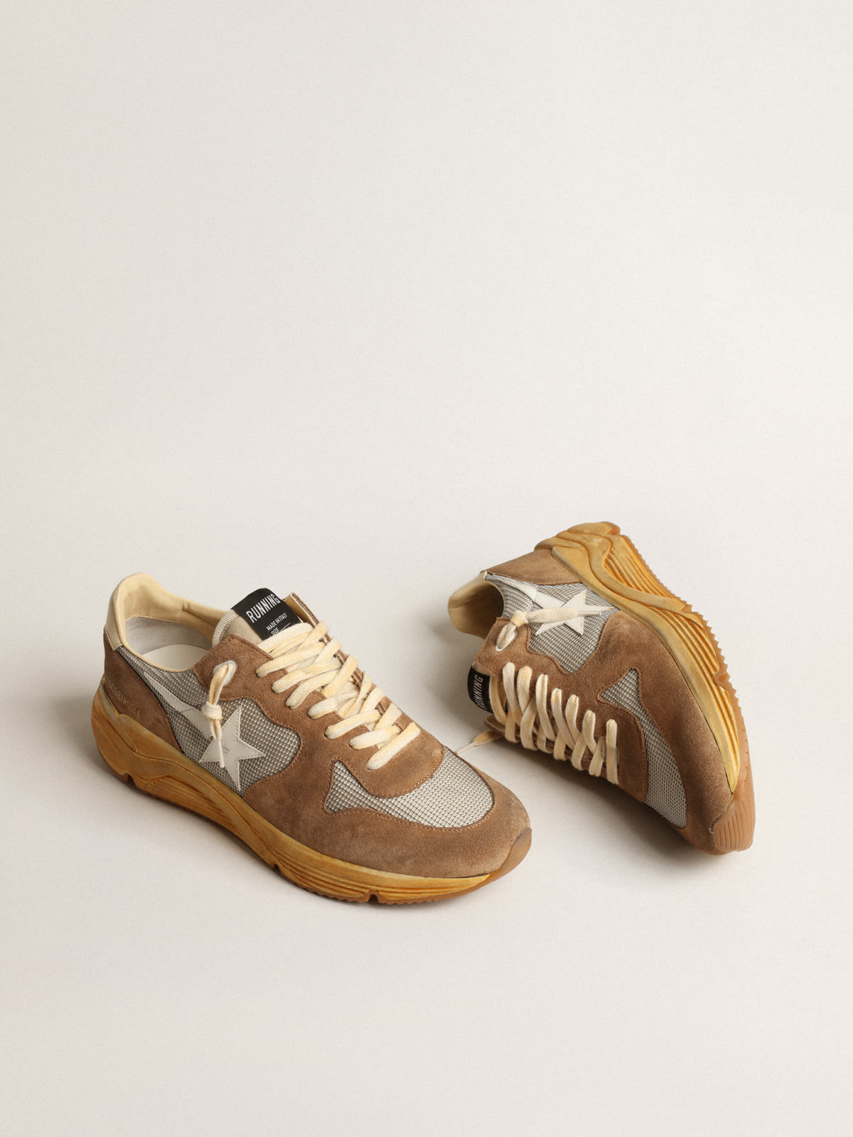 Golden Goose - Running Sole in silver mesh and tobacco suede with a white star in 