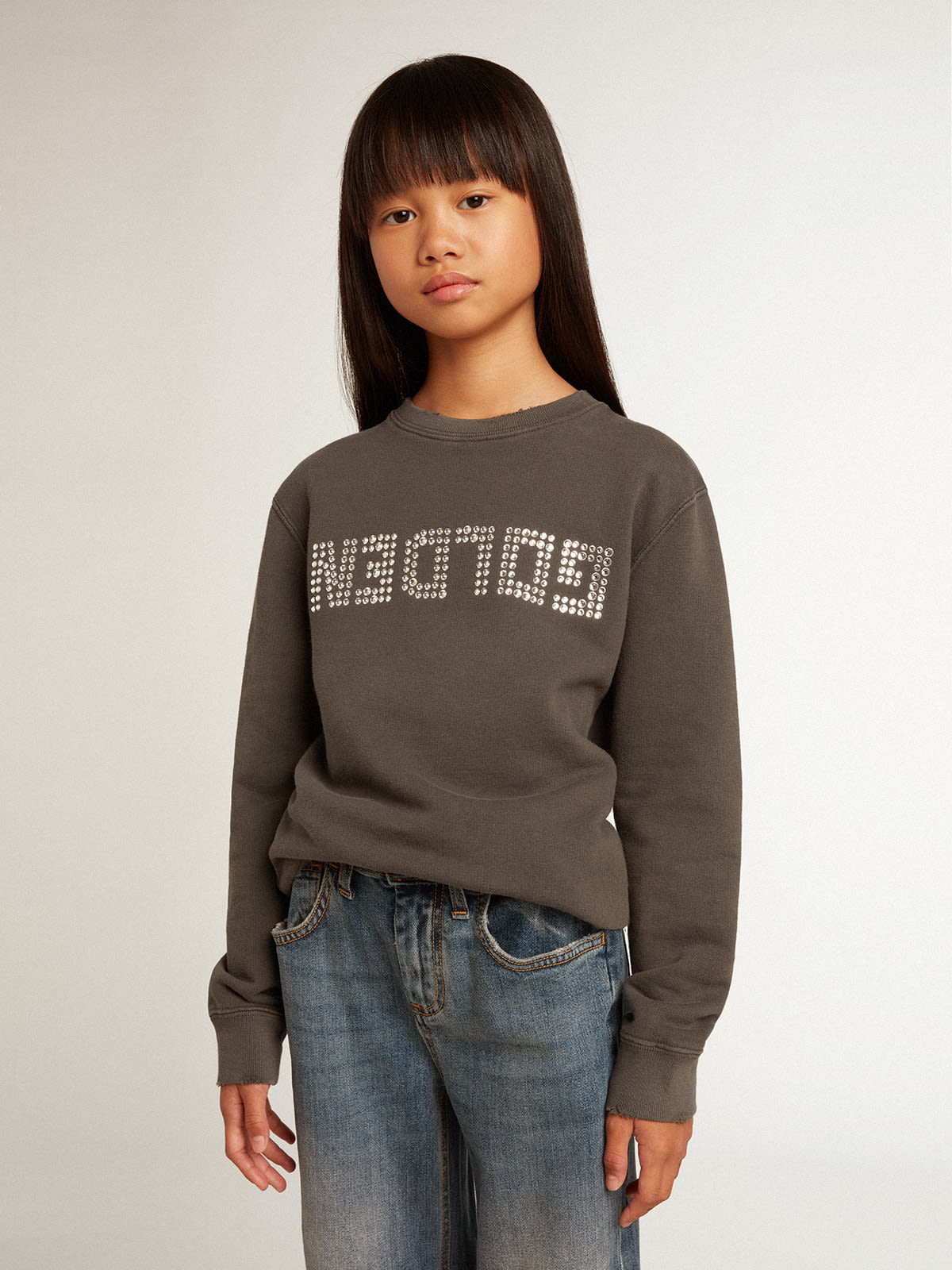 Golden Goose - Distressed gray sweatshirt with crystal lettering in 