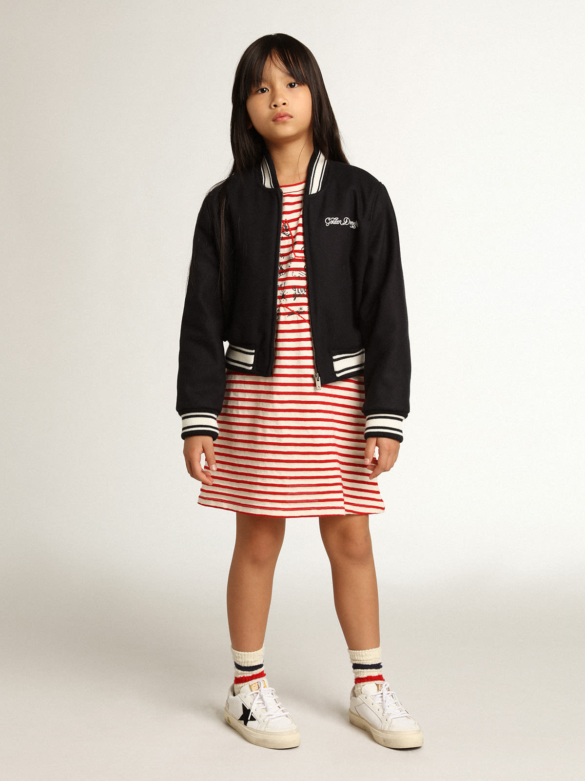 Golden Goose - Mini dress with white and red stripes and embroidery on the front in 