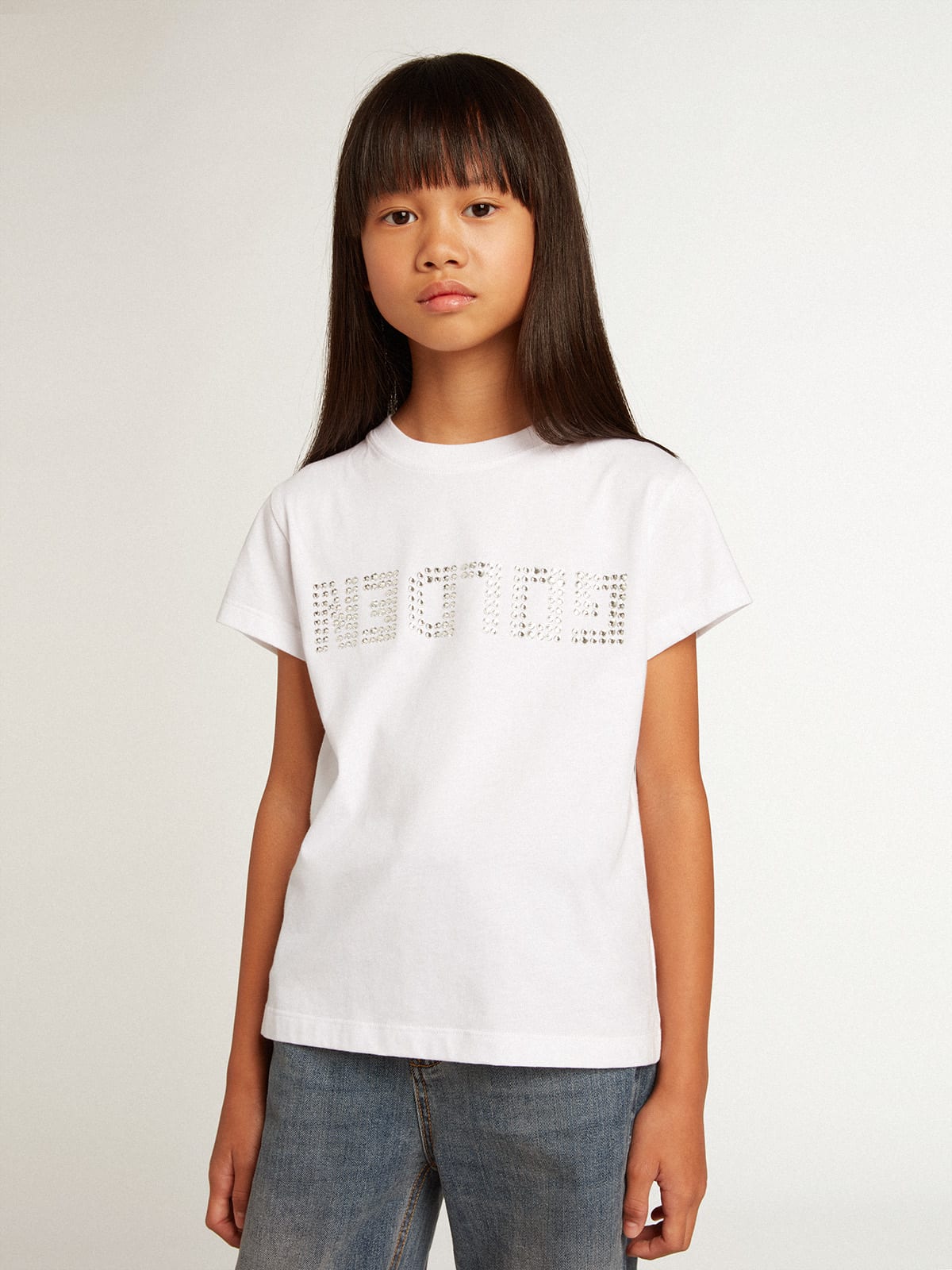Golden Goose - White T-shirt with central Golden lettering in crystals in 