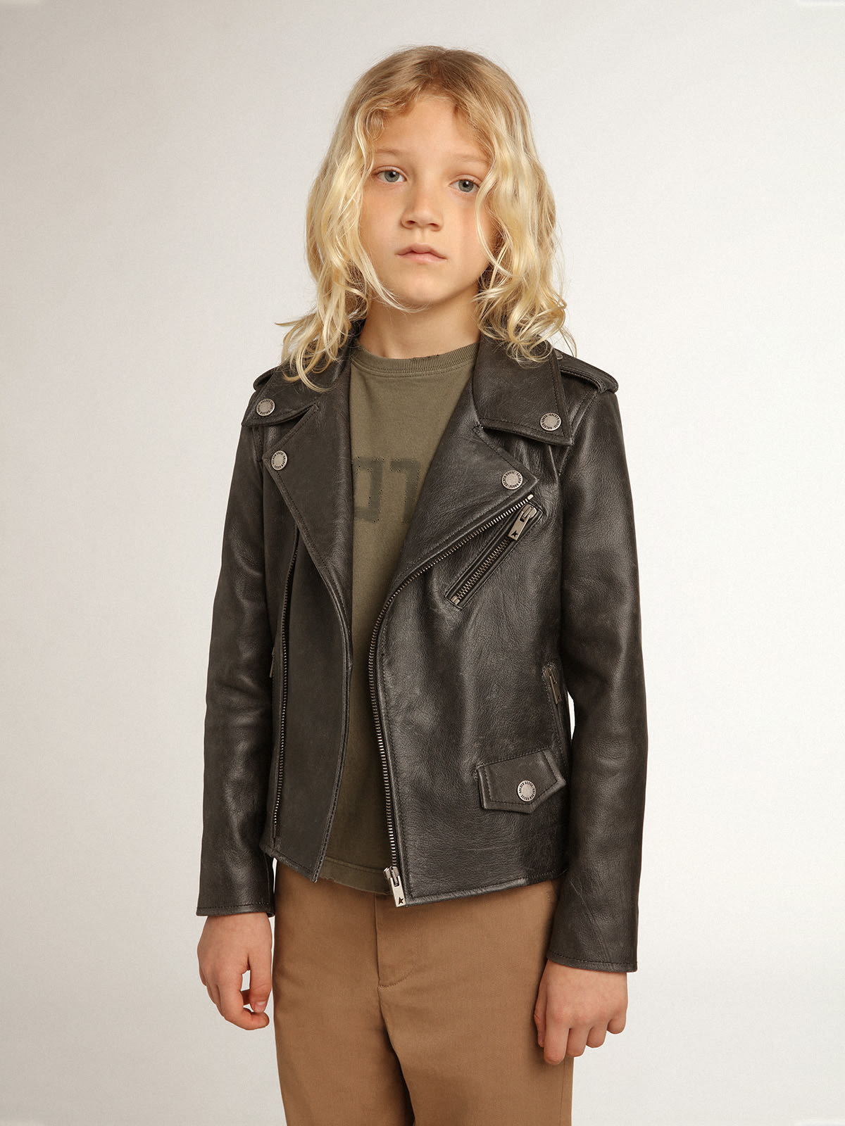 Golden Goose - Boys’ biker jacket in distressed leather in 