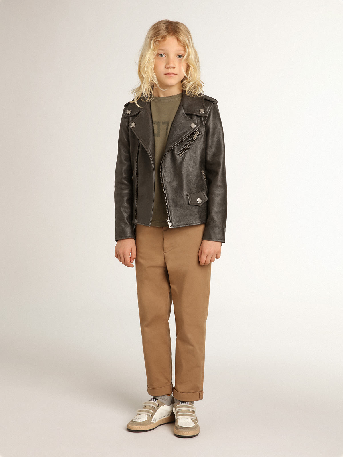 Golden Goose - Boys’ biker jacket in distressed leather in 