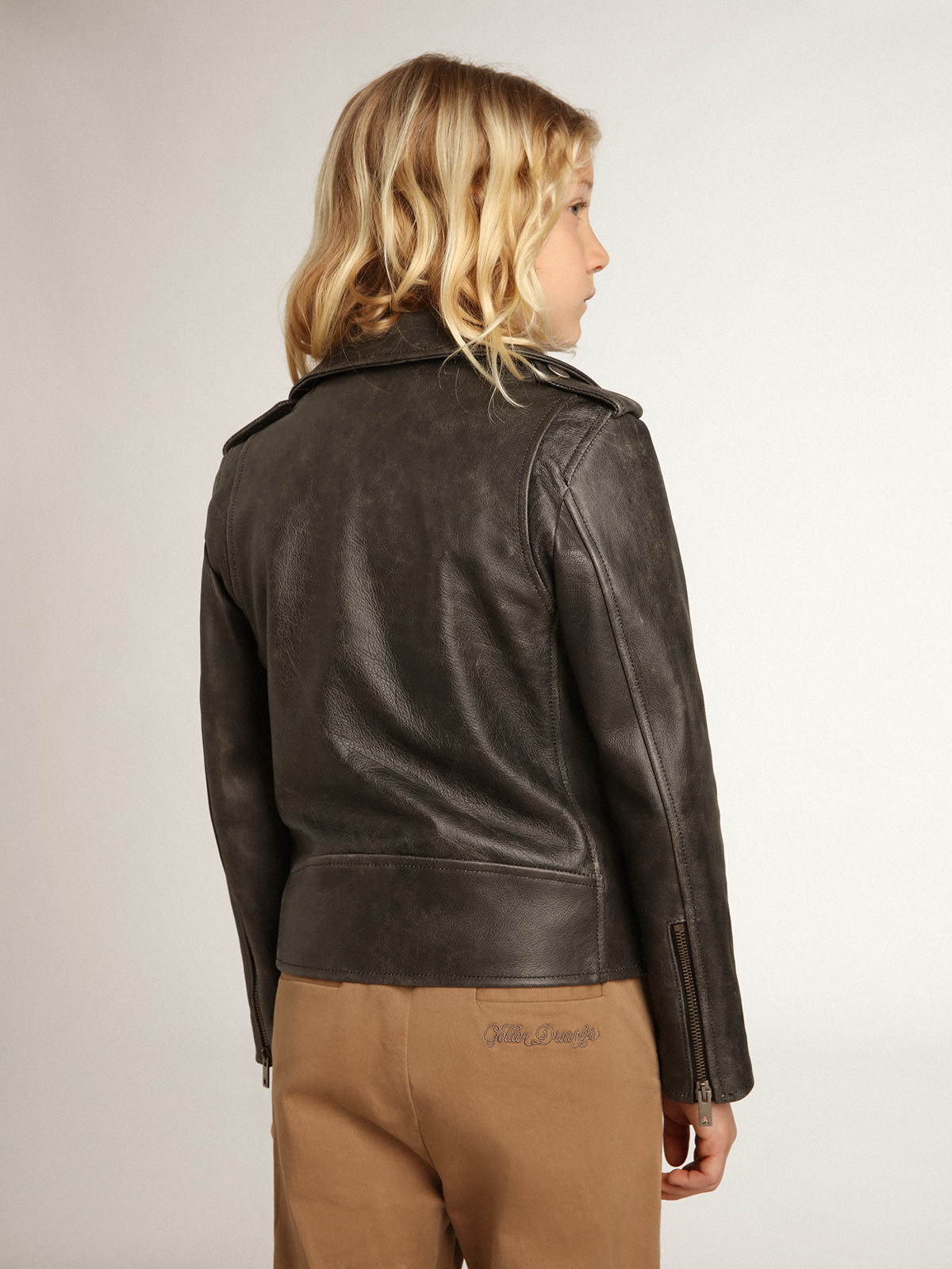 Boys' biker jacket in distressed leather | Golden Goose