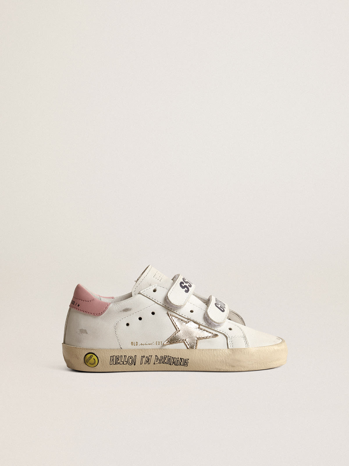 Old School Young with metallic leather star and pink heel tab