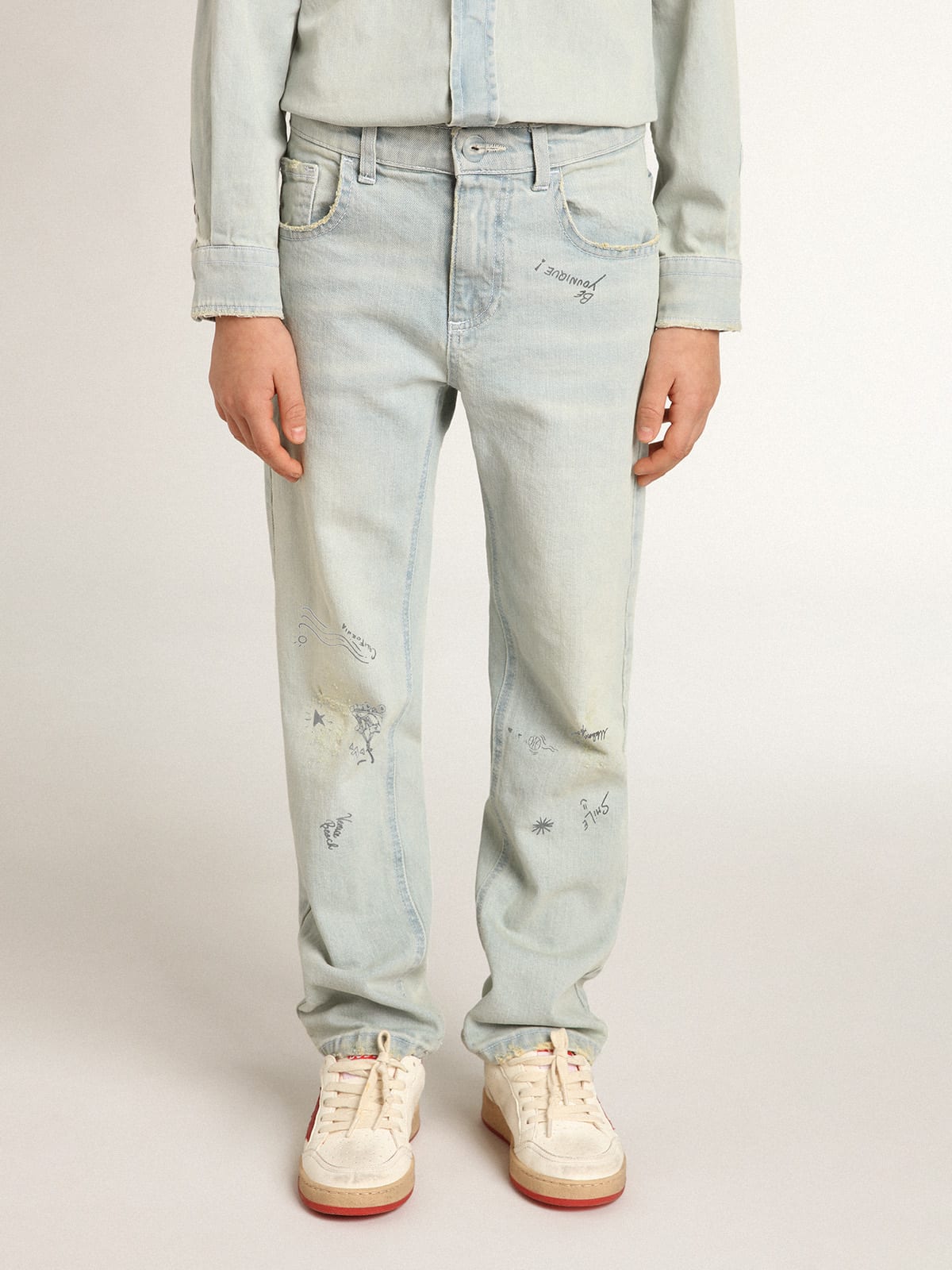 Boys' bleached jeans with distressed treatment | Golden Goose