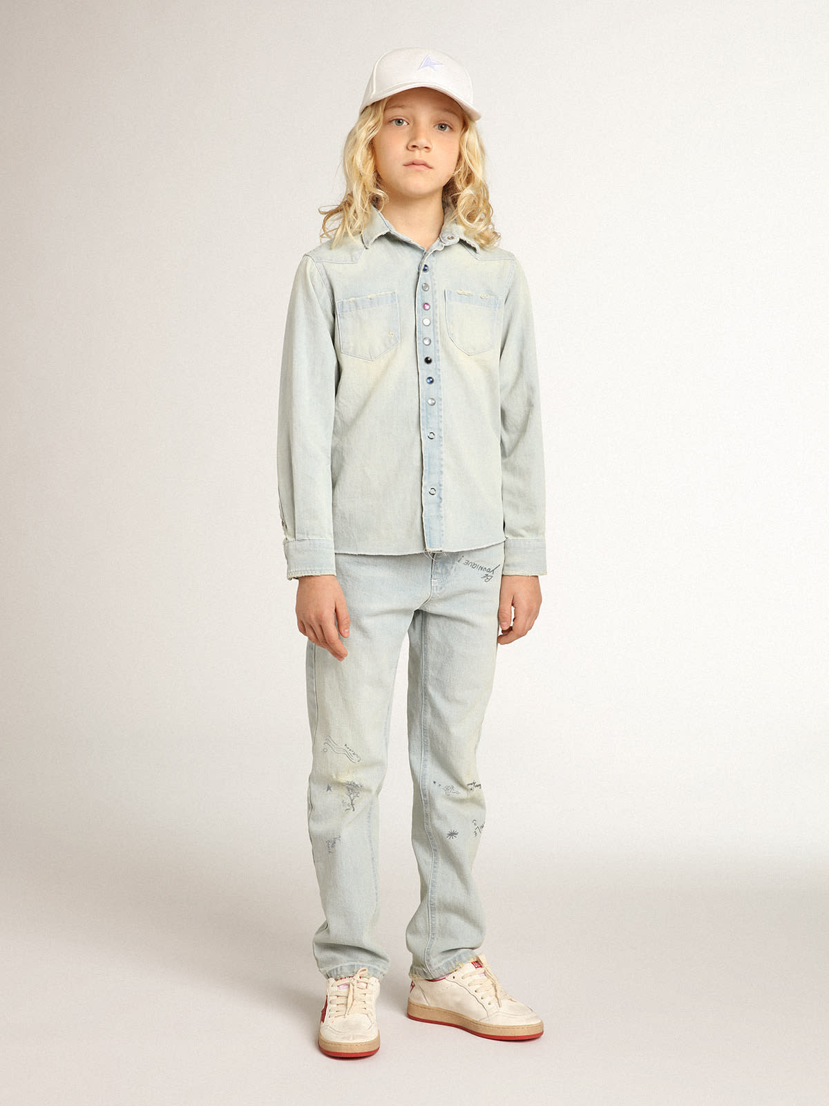 Boys' bleached jeans with distressed treatment | Golden Goose