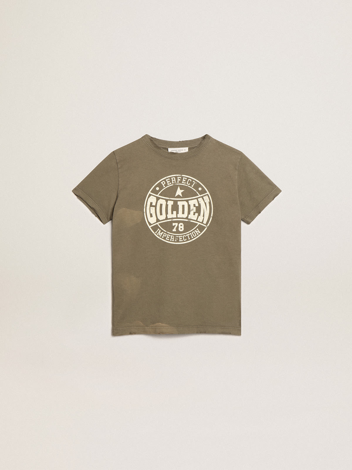 Golden Goose - Boys’ olive-green T-shirt with printed white logo in the center in 