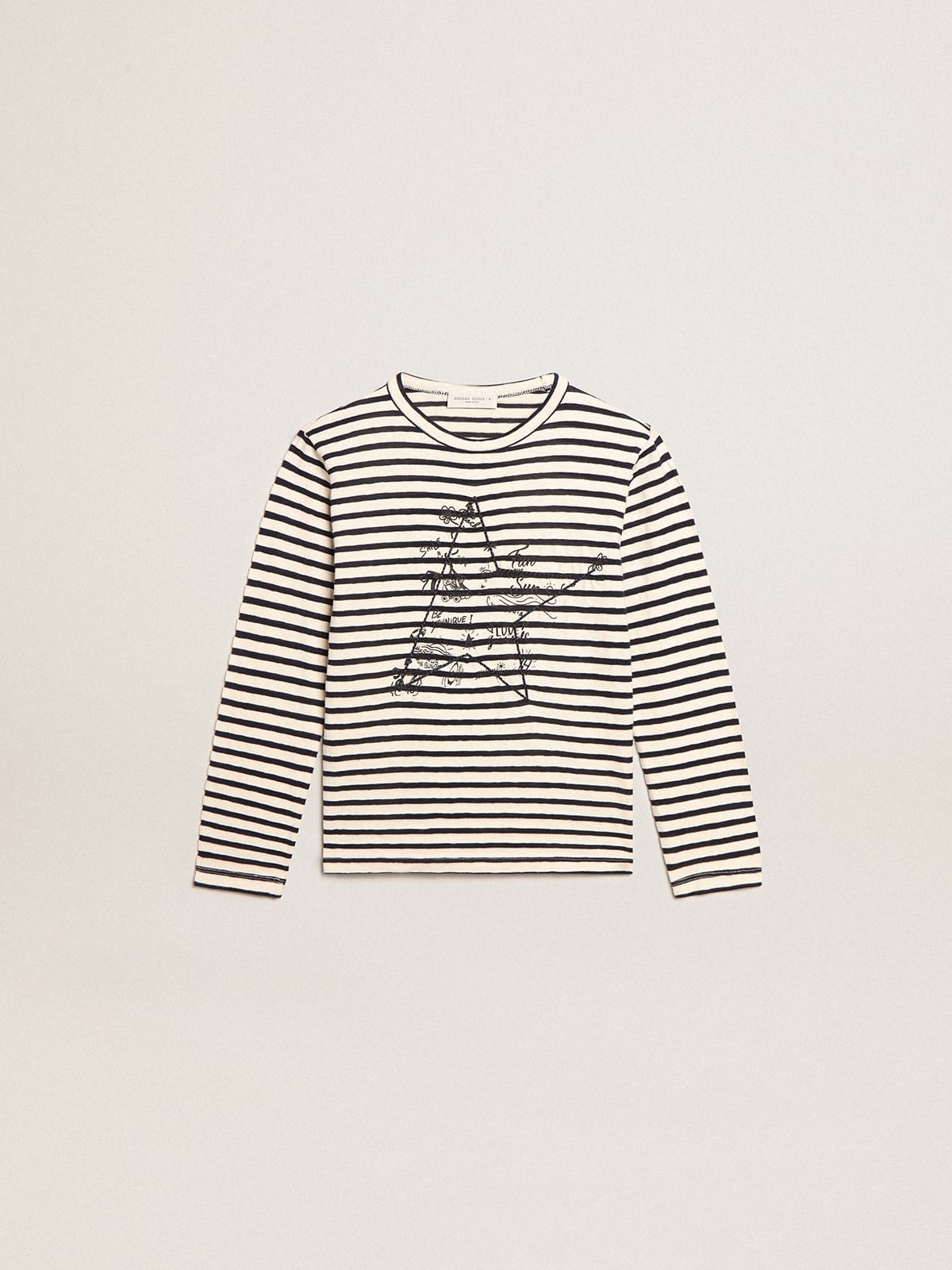 Golden Goose - Boys’ T-shirt with white and blue stripes and embroidery on the front in 