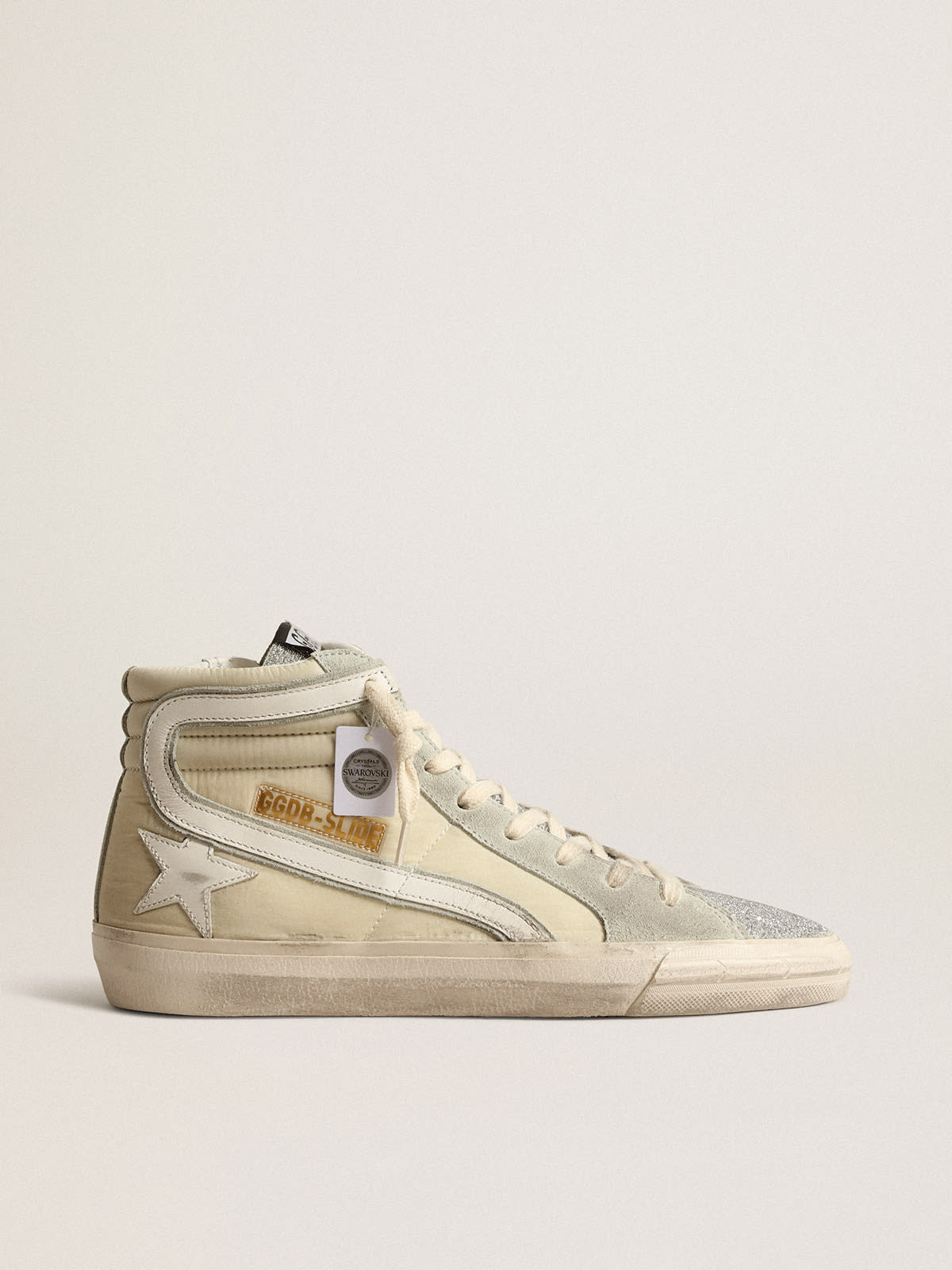 Golden Goose - Slide in ivory nylon with white leather star and flash in 