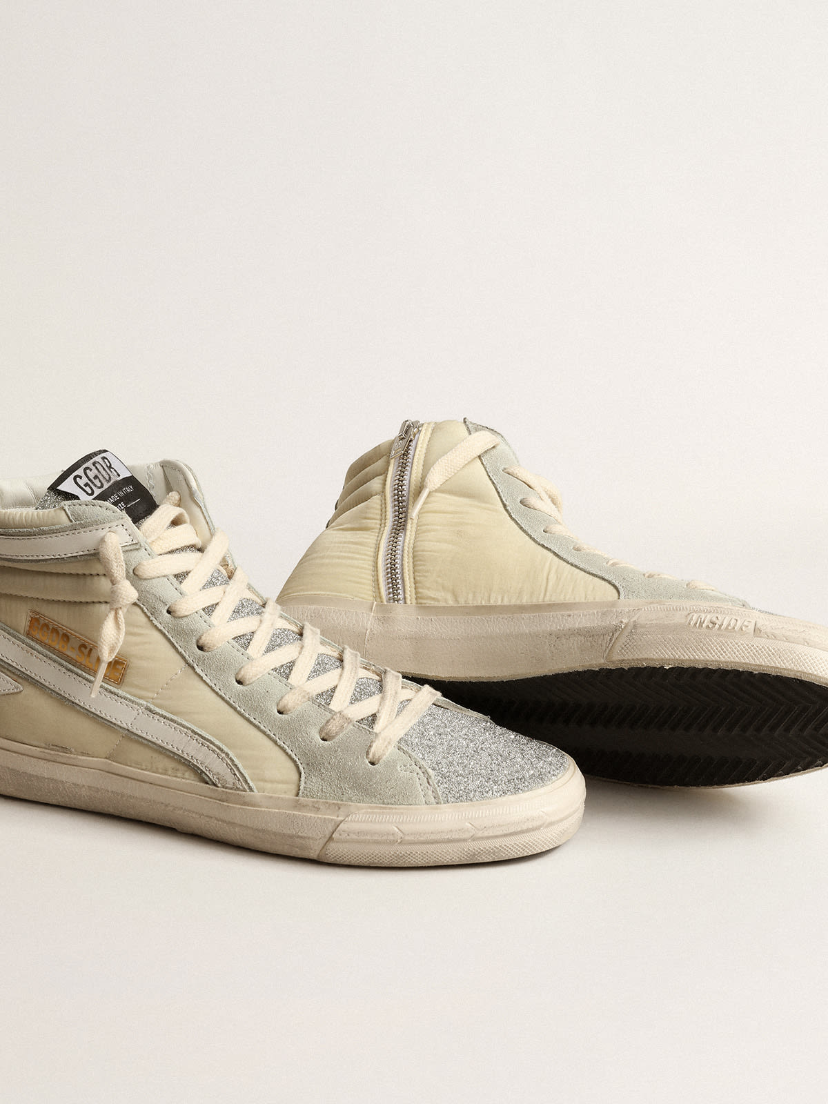 Golden Goose - Slide in ivory nylon with white leather star and flash in 