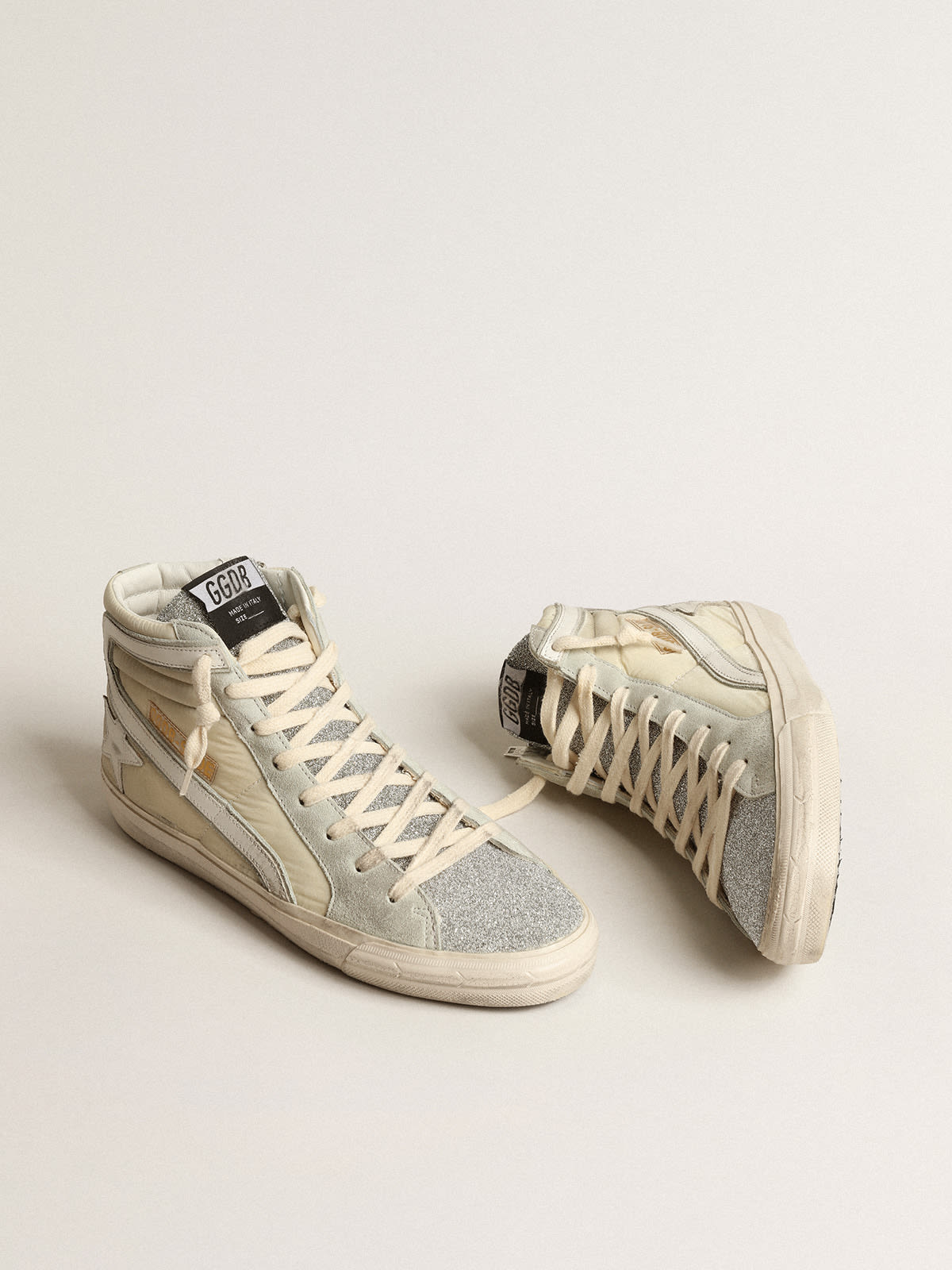 Golden Goose - Slide in ivory nylon with white leather star and flash in 